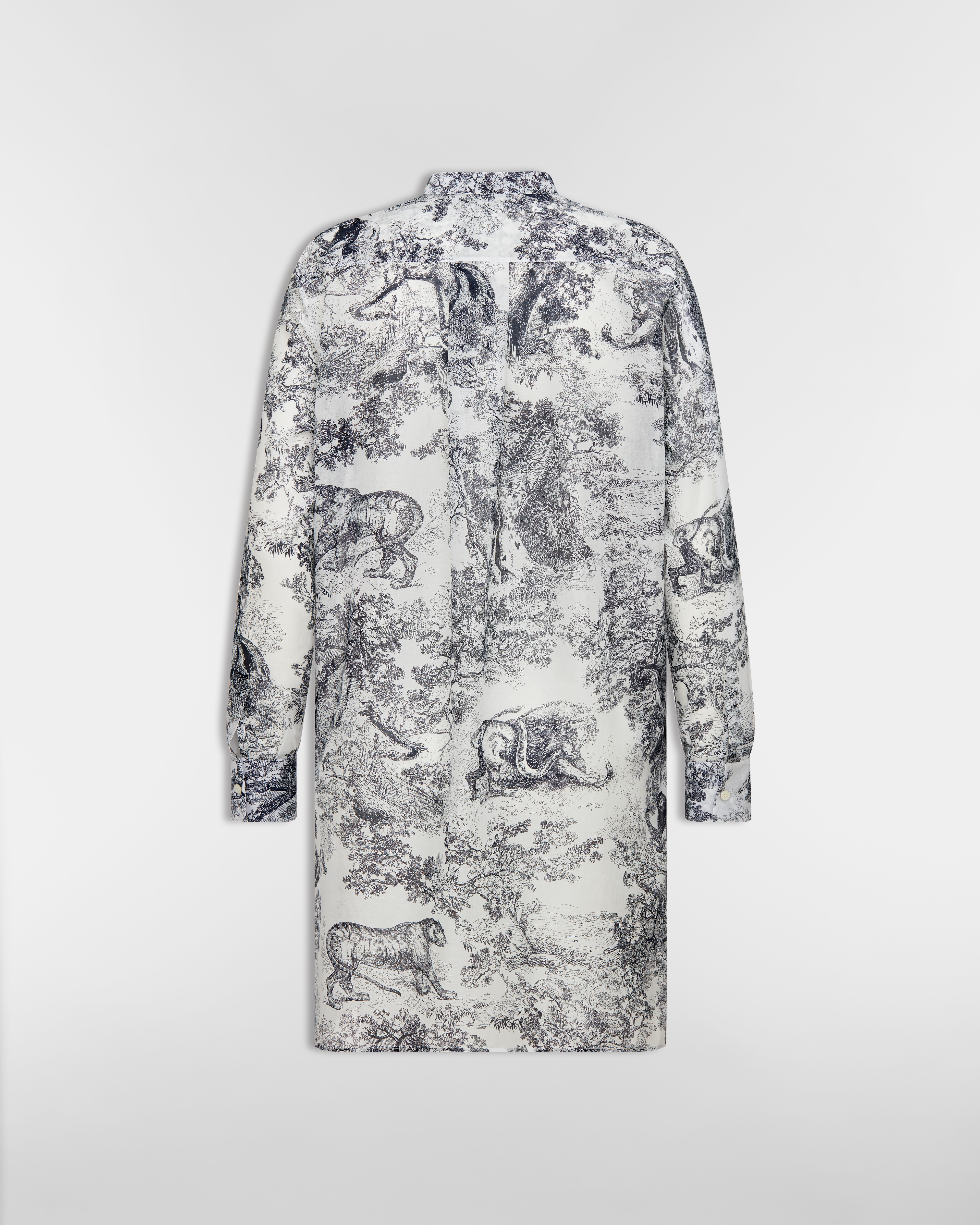 เสื้อเบลาส์ตัวยาว ผ้าฝ้ายป่านสีขาวลาย Toile de Jouy E08