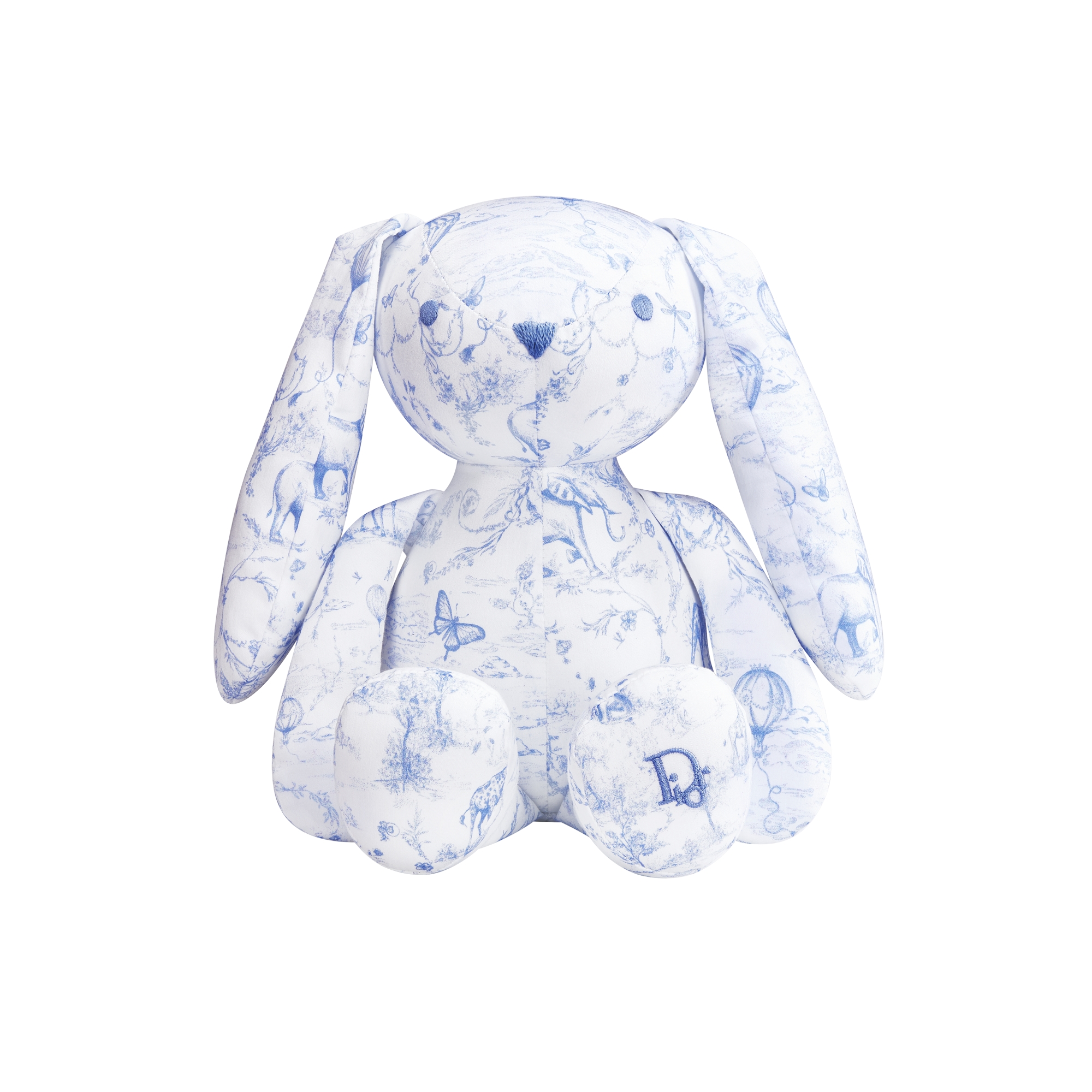 Rabbit Stuffed Toy White Cotton Satin with Light Blue Toile de Jouy Print E01