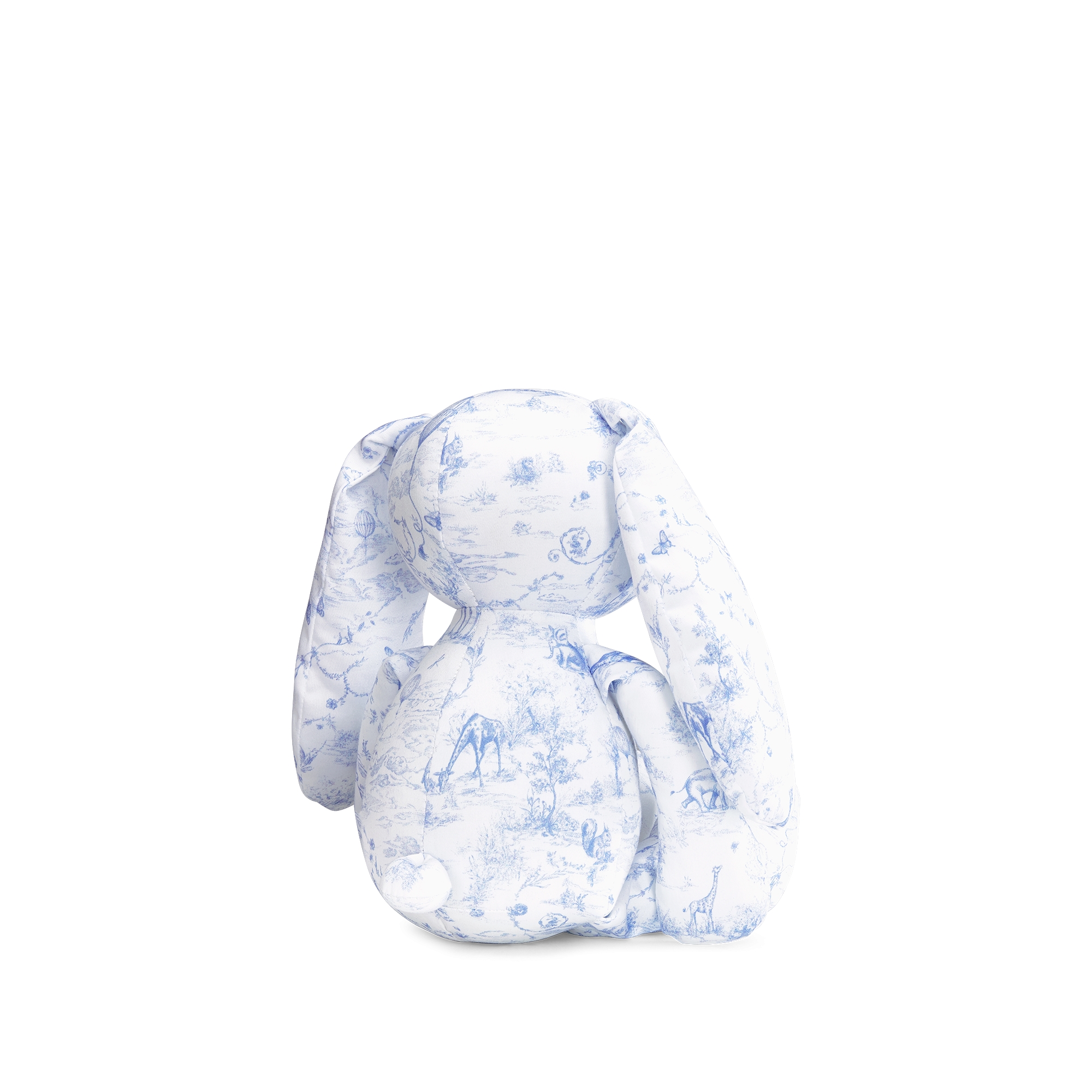 Rabbit Stuffed Toy White Cotton Satin with Light Blue Toile de Jouy Print E05