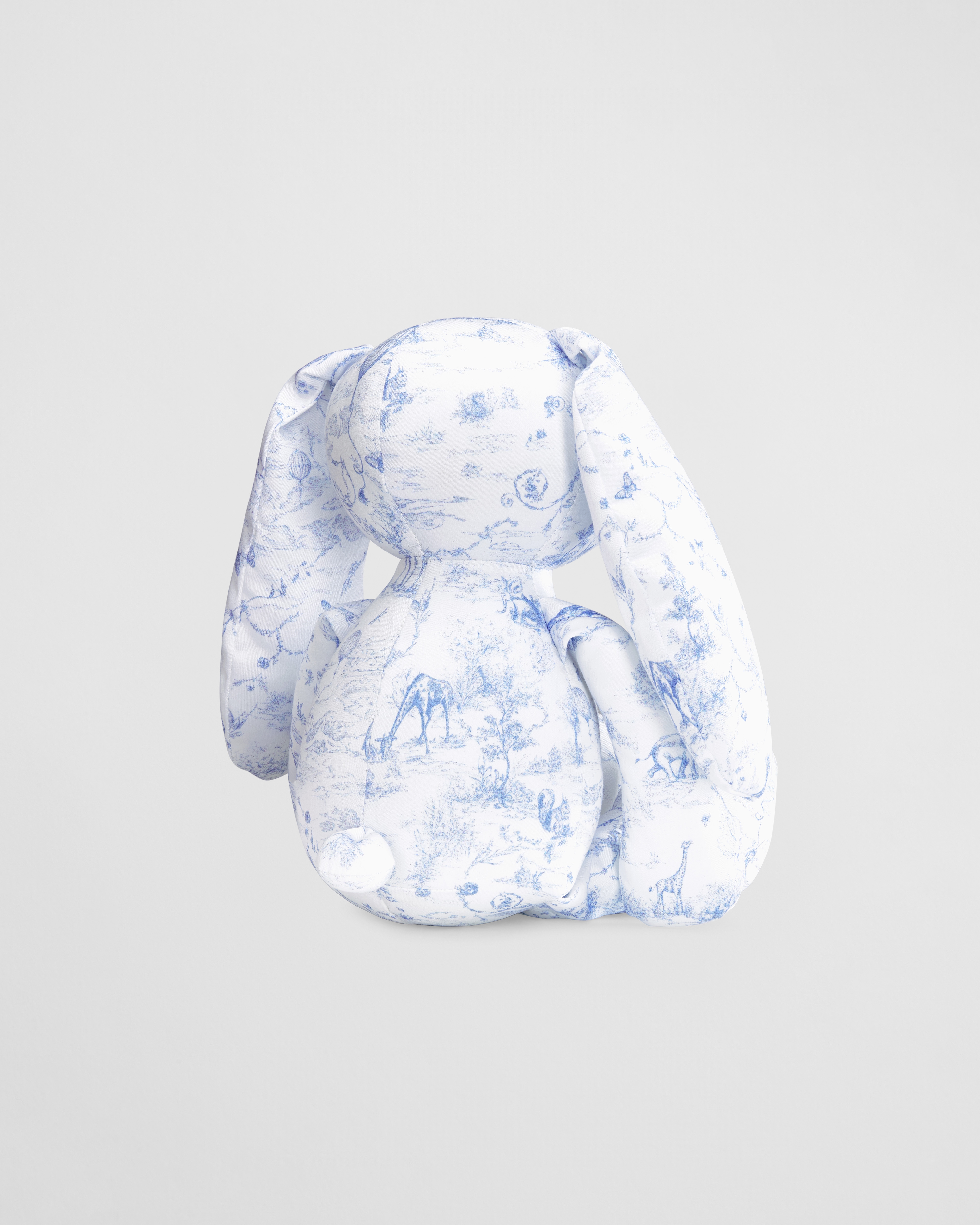 Rabbit Stuffed Toy White Cotton Satin with Light Blue Toile de