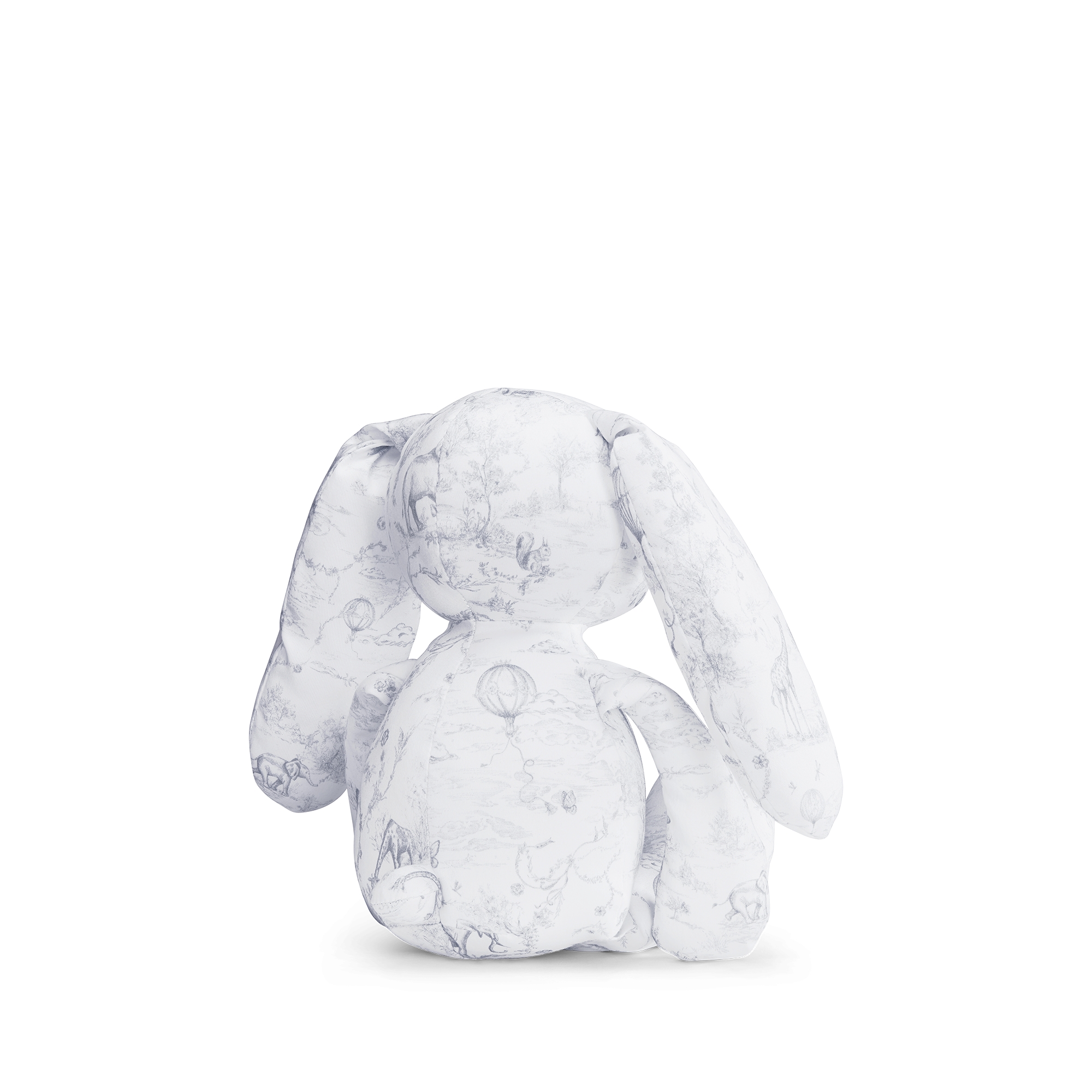 Rabbit Stuffed Toy White Cotton Satin with Gray Toile de Jouy Print E05