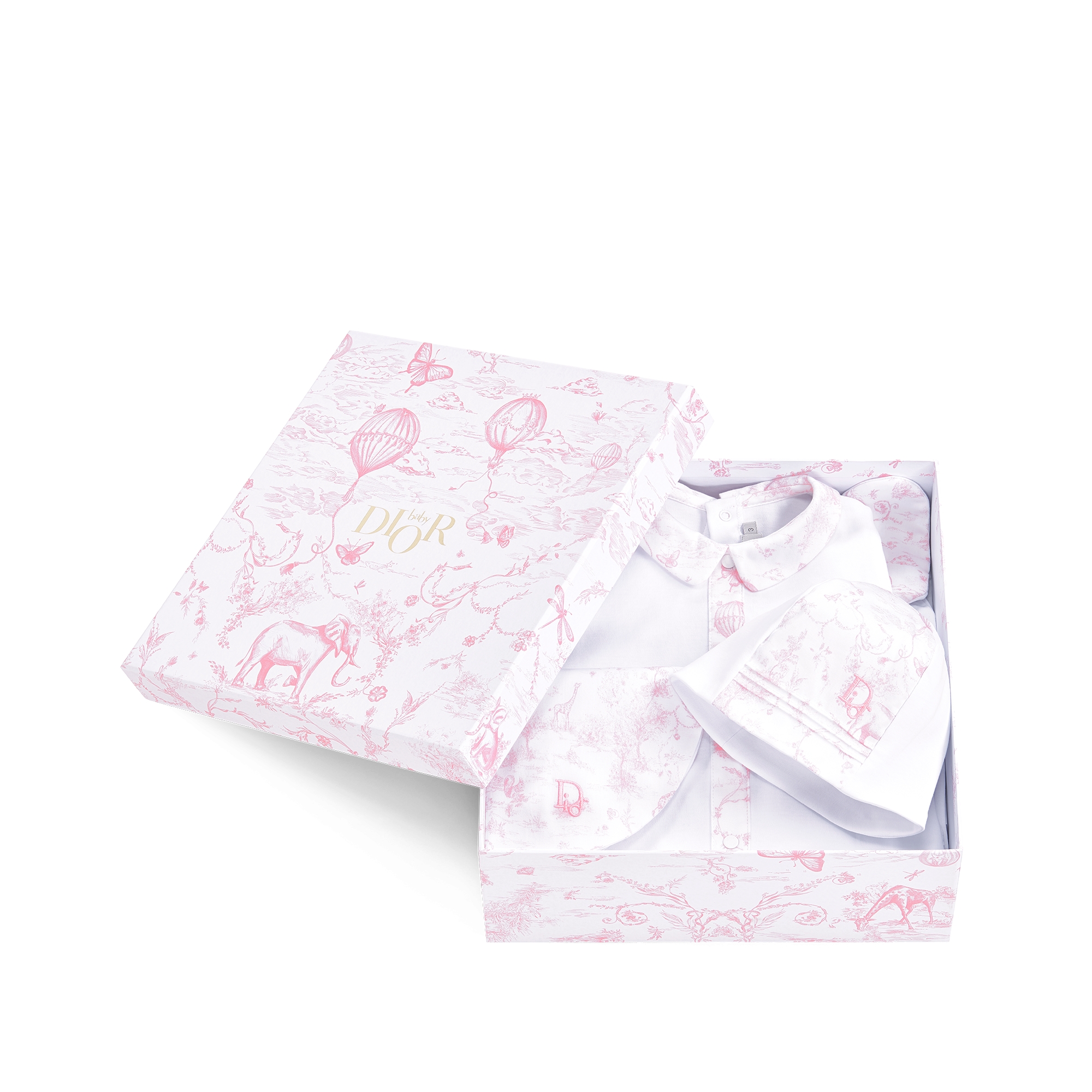 Newborn Gift Set White Cotton Interlock and Satin with Pale Pink Toile de Jouy Print E10