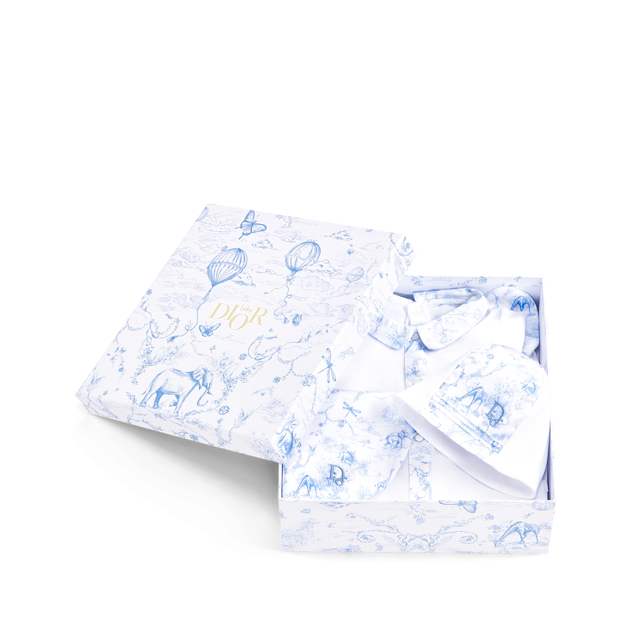 Newborn Gift Set White Cotton Interlock and Satin with Light Blue Toile de Jouy Print E10