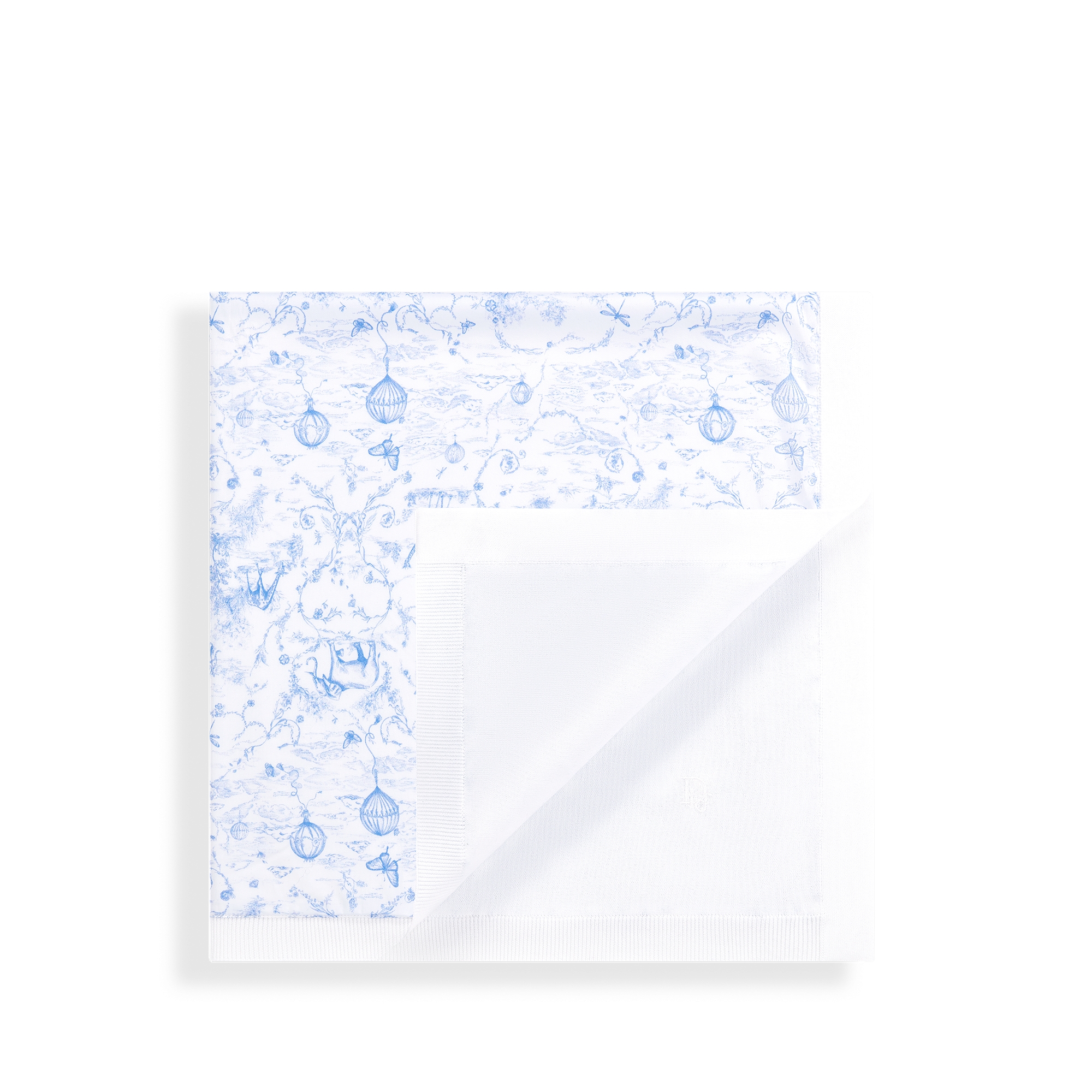 Babydeken Wit gebreid katoen met lichtblauwe Toile de Jouy-print E02
