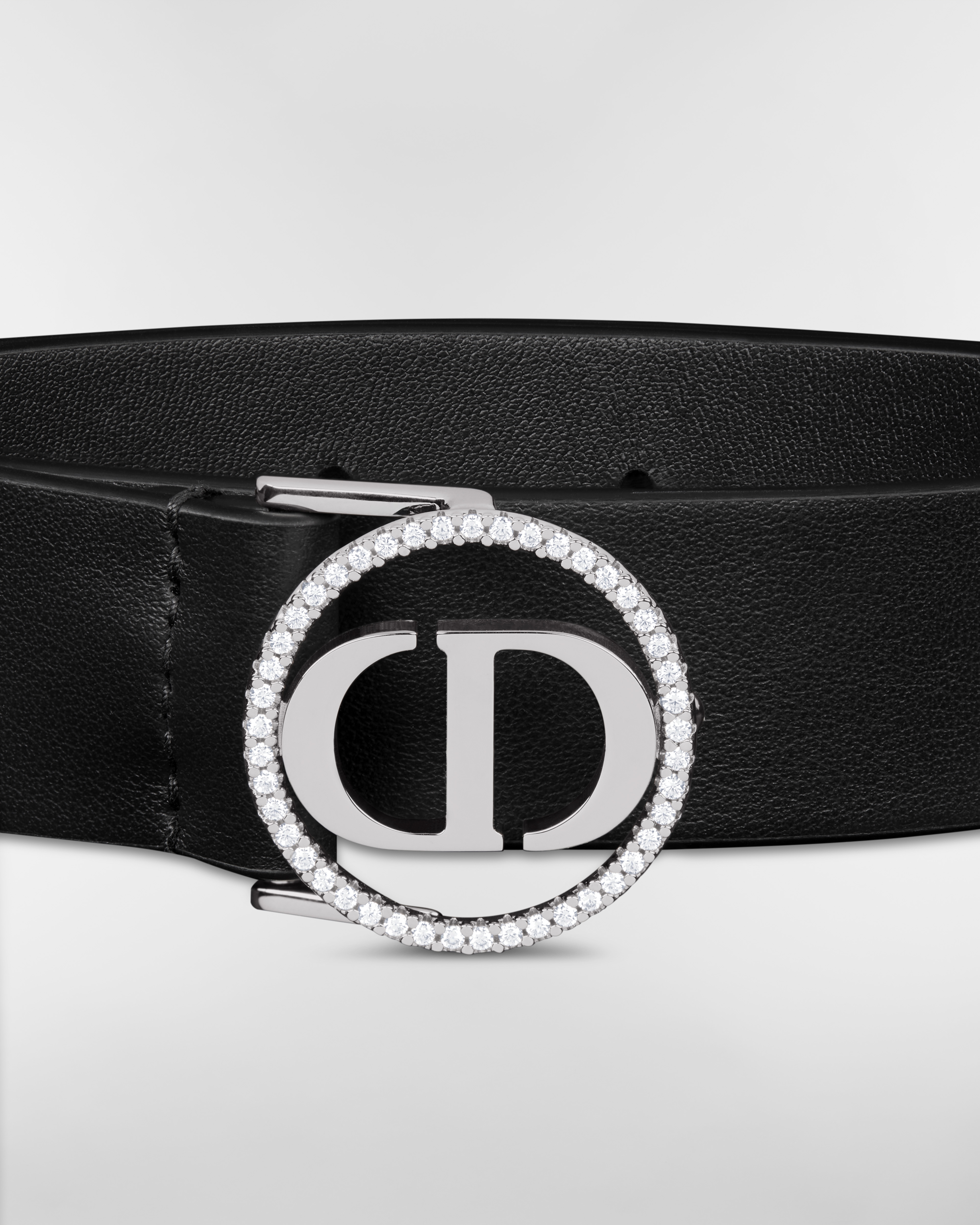 30 Montaigne Circled Belt Black Smooth Calfskin and Silver-Tone Crystals, 25 MM E09