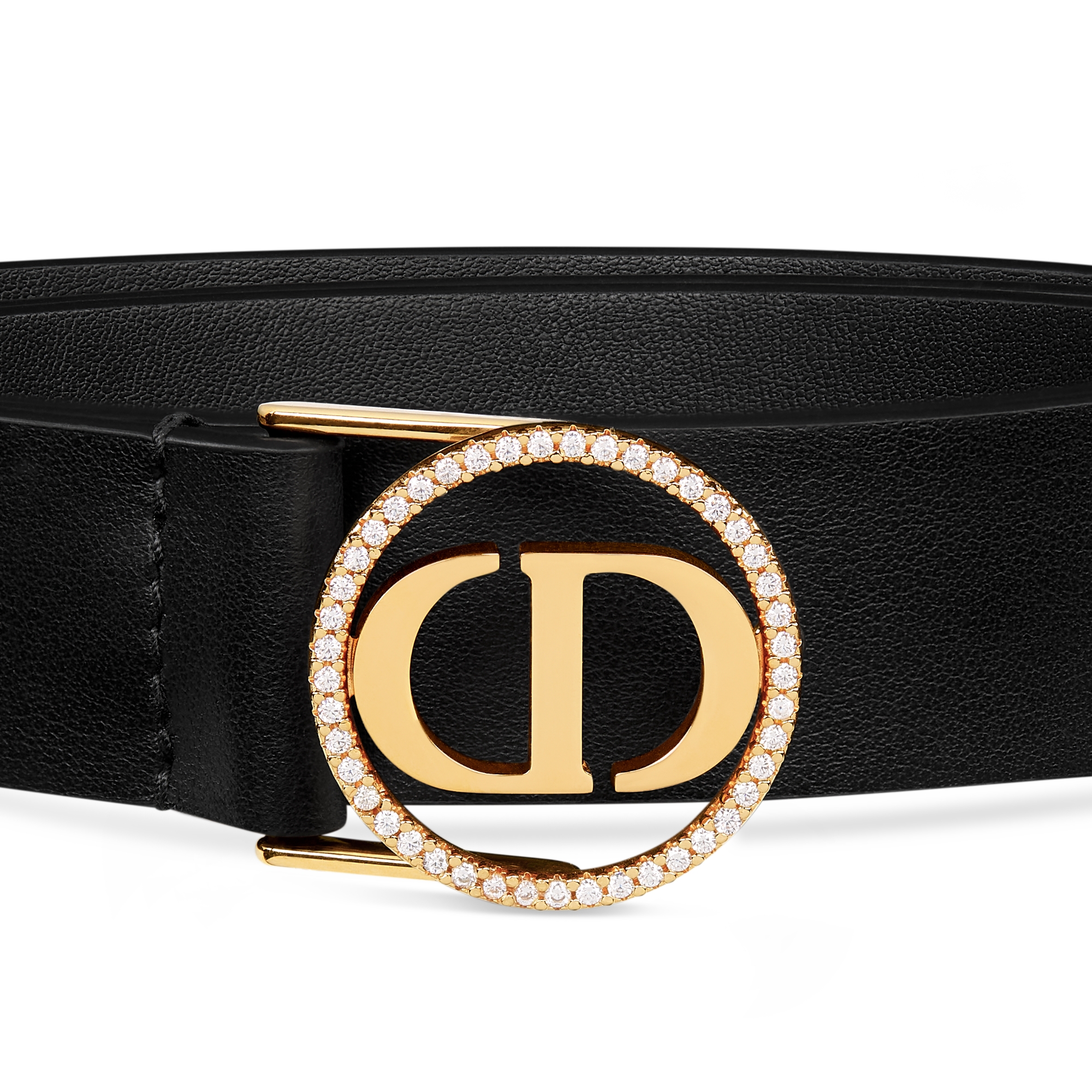 30 Montaigne Circled 皮帶 黑色光滑小牛皮和銀色水晶，25 公釐 E09