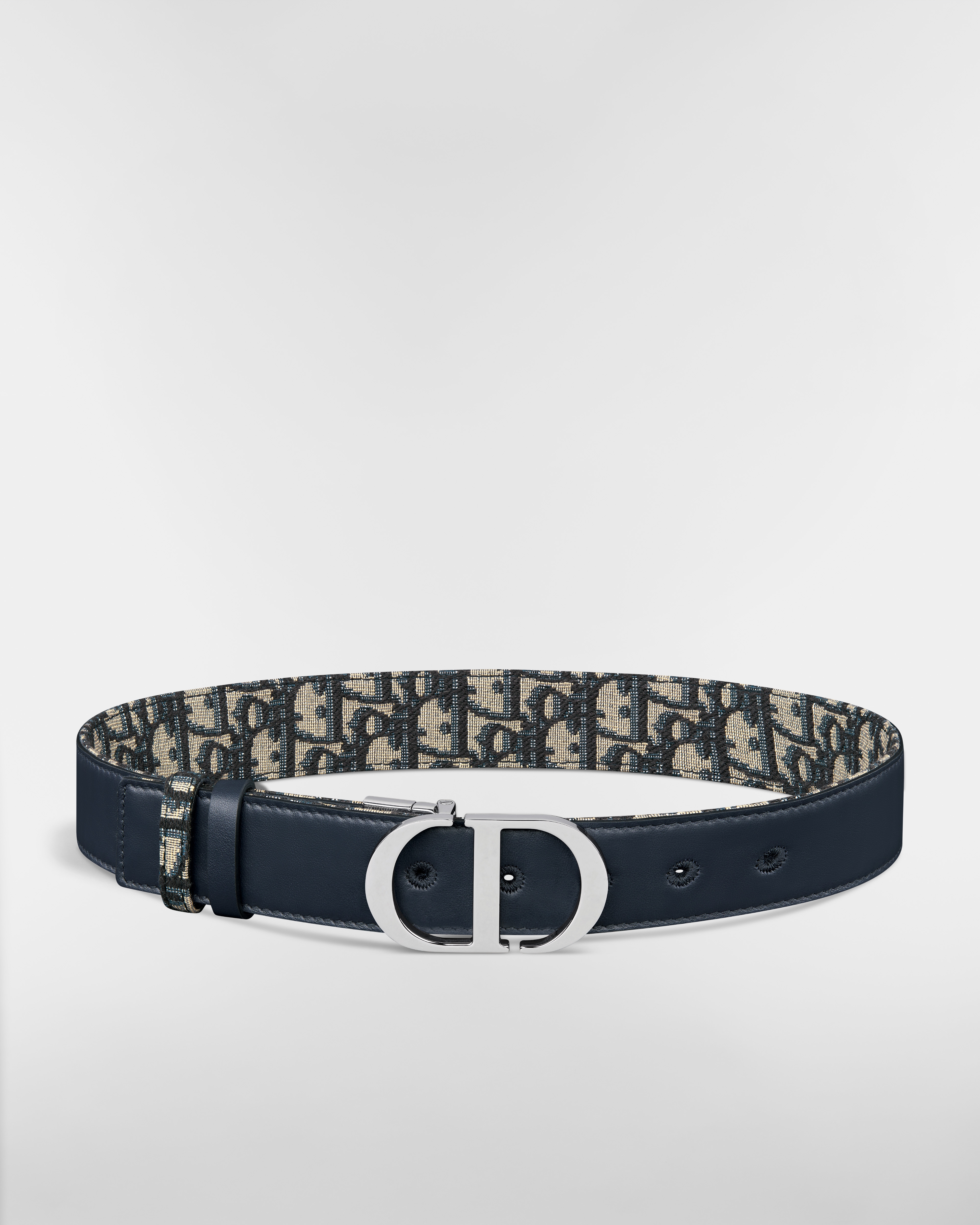 30 Montaigne Reversible Belt Blue Smooth Calfskin and Dior Oblique Jacquard, 35 MM E07