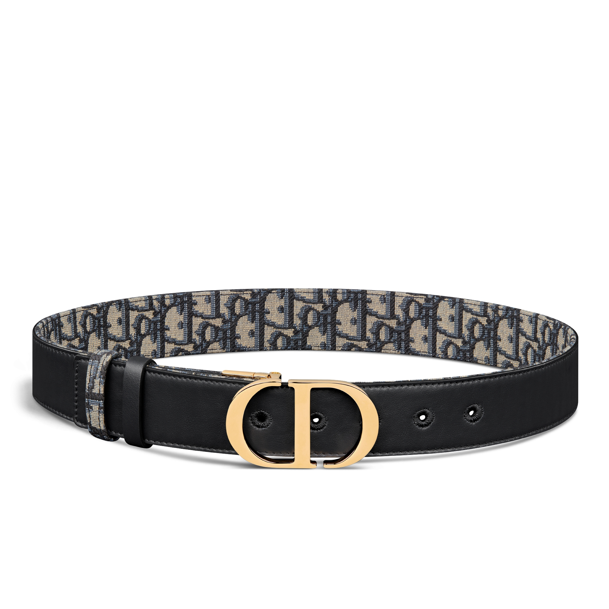 Ceinture 30 Montaigne réversible Cuir de veau lisse et toile jacquard Dior Oblique bleus, 35 mm E07
