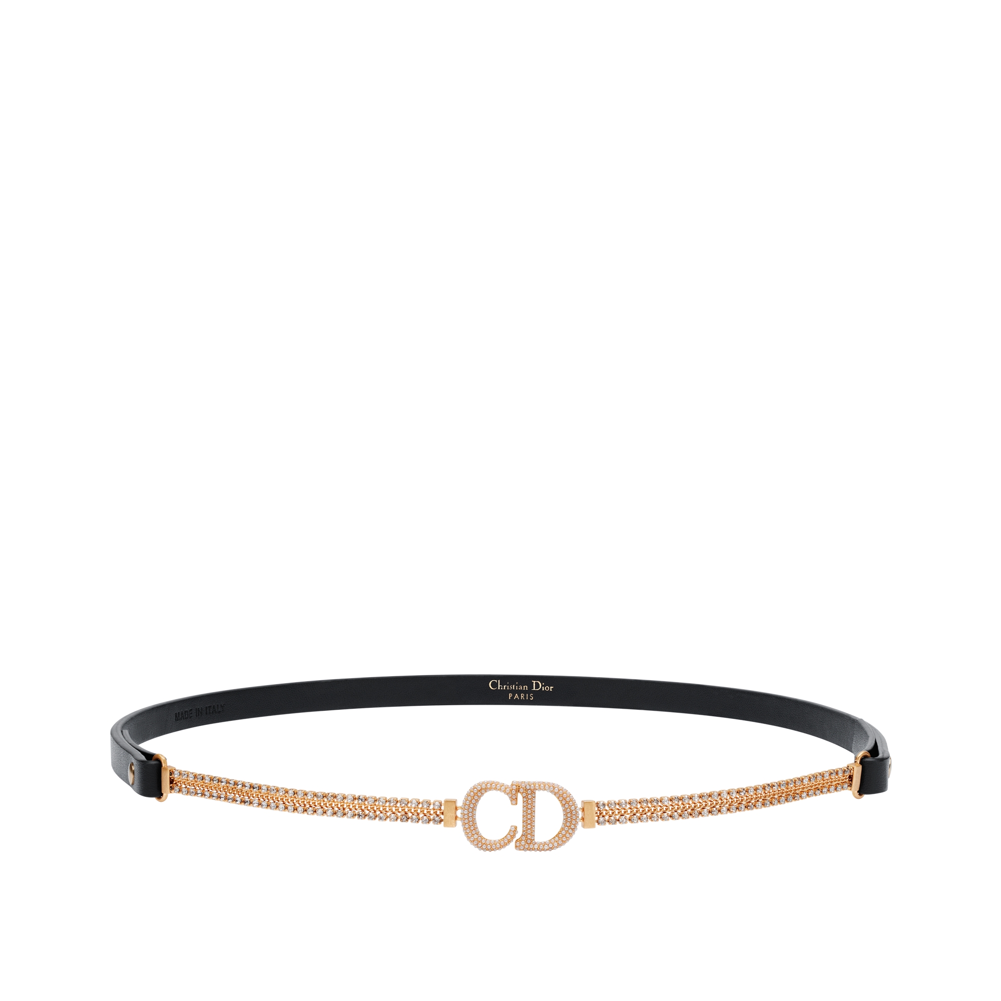Saddle Chain Belt Gold-Finish Metal, Black Smooth Calfskin and