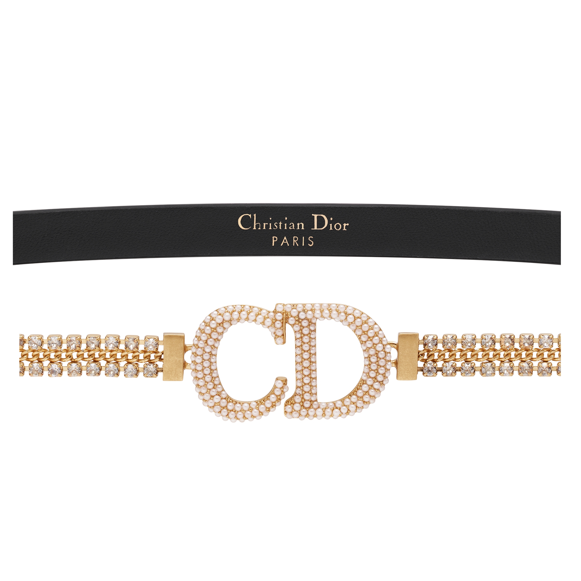 Saddle Chain Belt Gold-Finish Metal, Black Smooth Calfskin and Silver-Tone Crystals, 10 MM E09