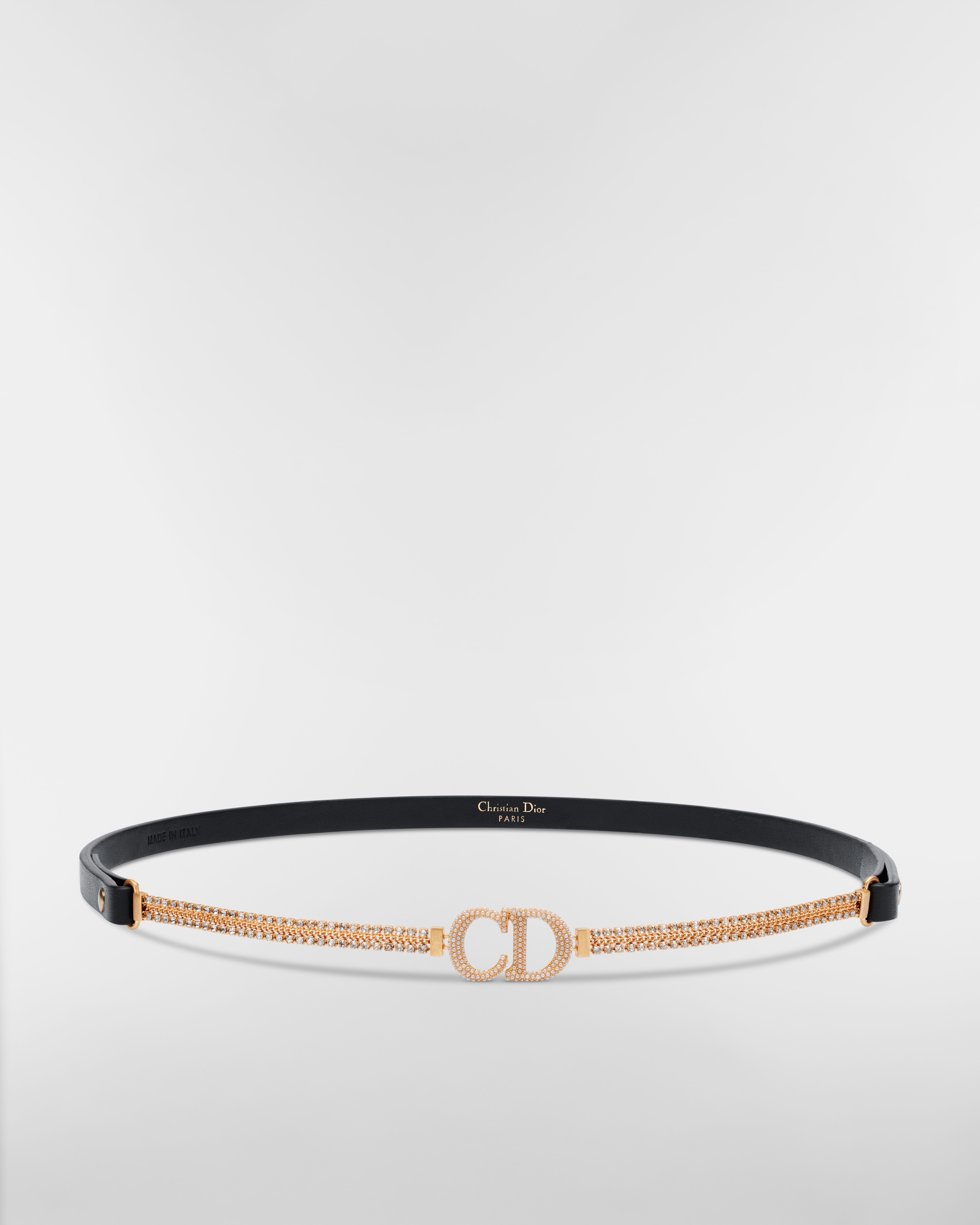 Saddle Chain Belt Gold-Finish Metal, Black Smooth Calfskin and Silver-Tone Crystals, 10 MM E01