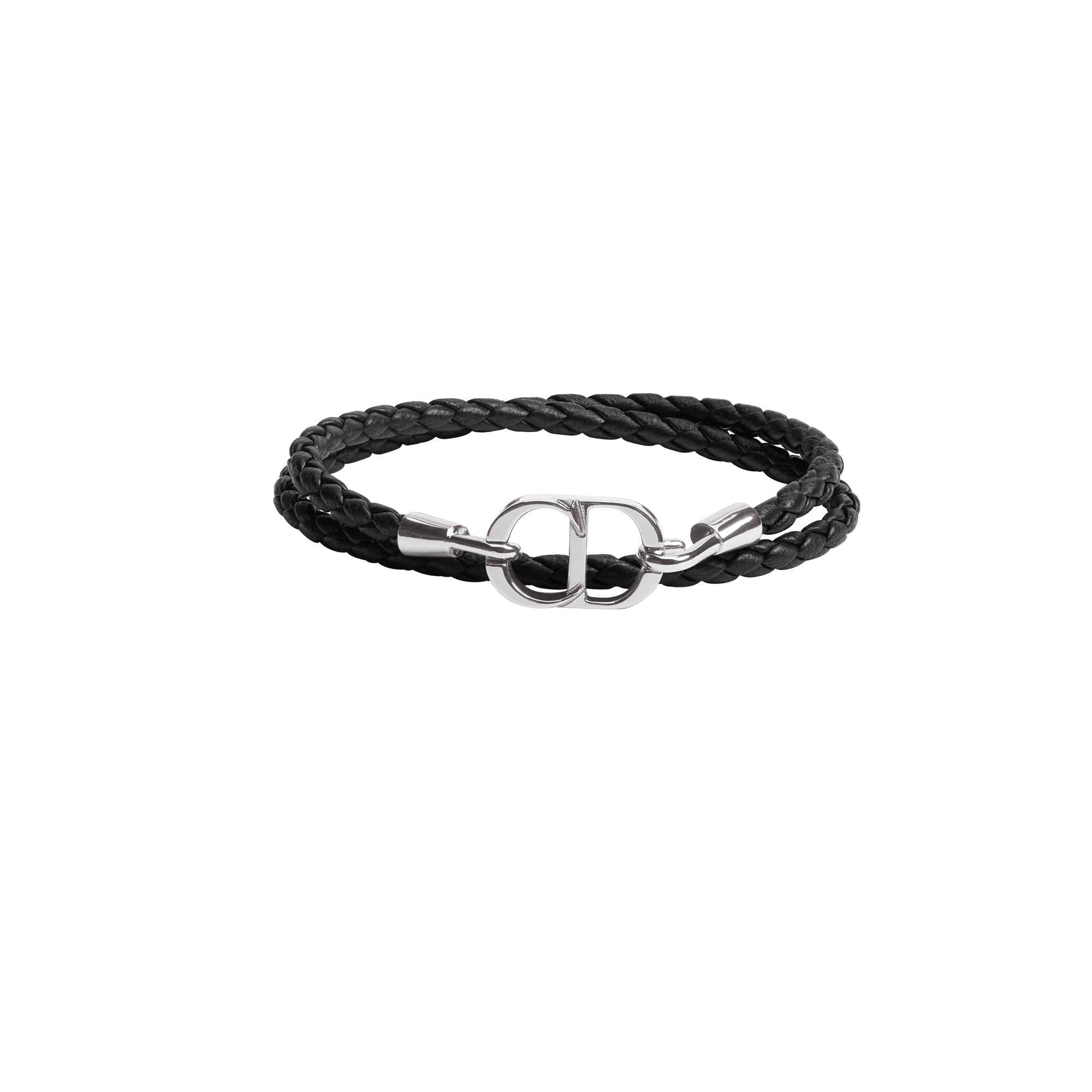 CD Icon Braided Leather Double Bracelet Black Lambskin and Silver-Finish Brass E01