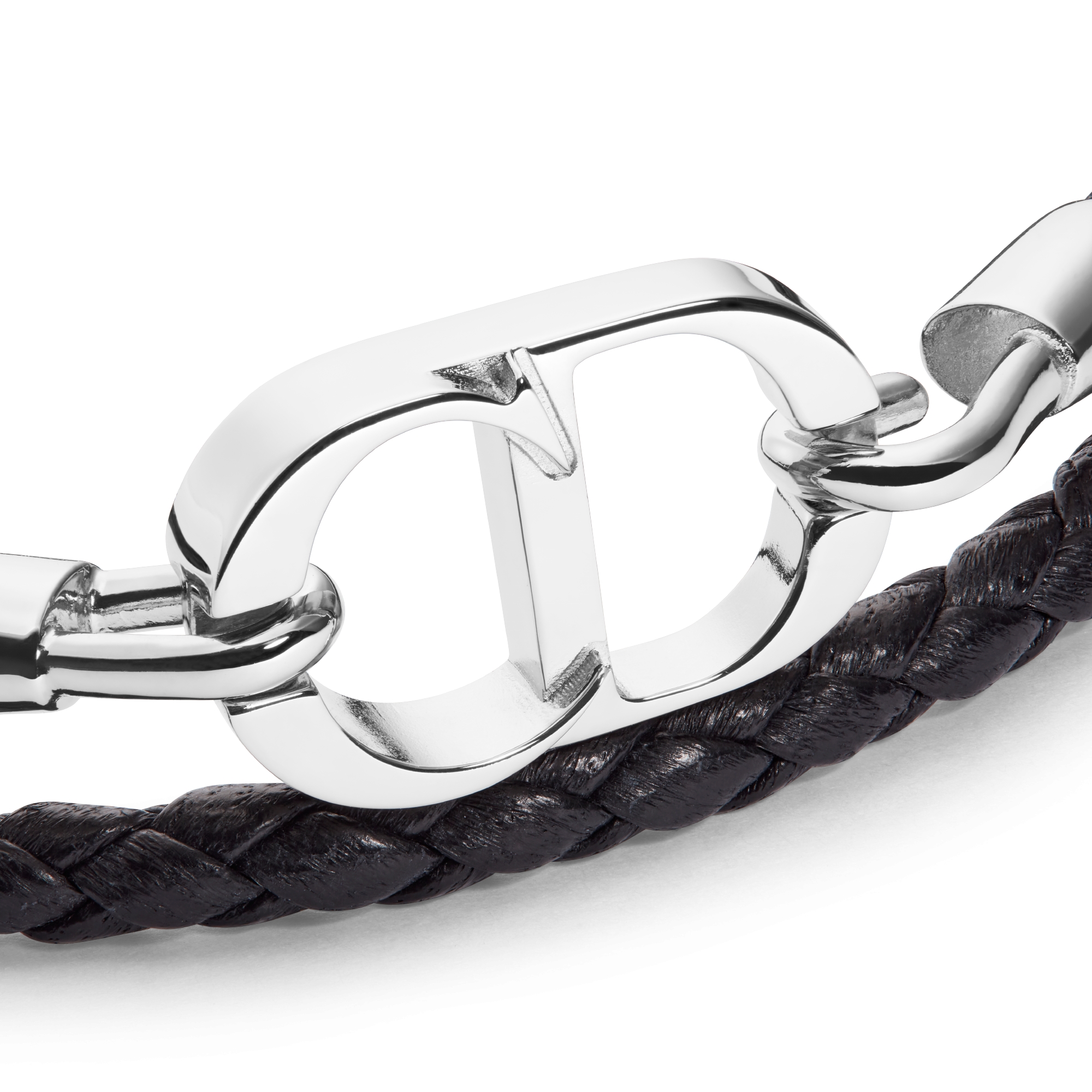 Pulseira dupla CD Icon em couro trançado Pele de cordeiro preta e metal com acabamento prateado E09