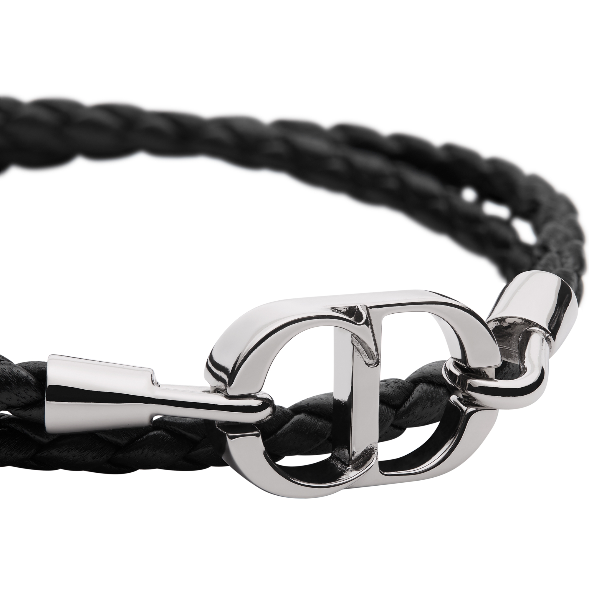 CD Icon Braided Leather Double Bracelet Black Lambskin and Silver-Finish Brass E09