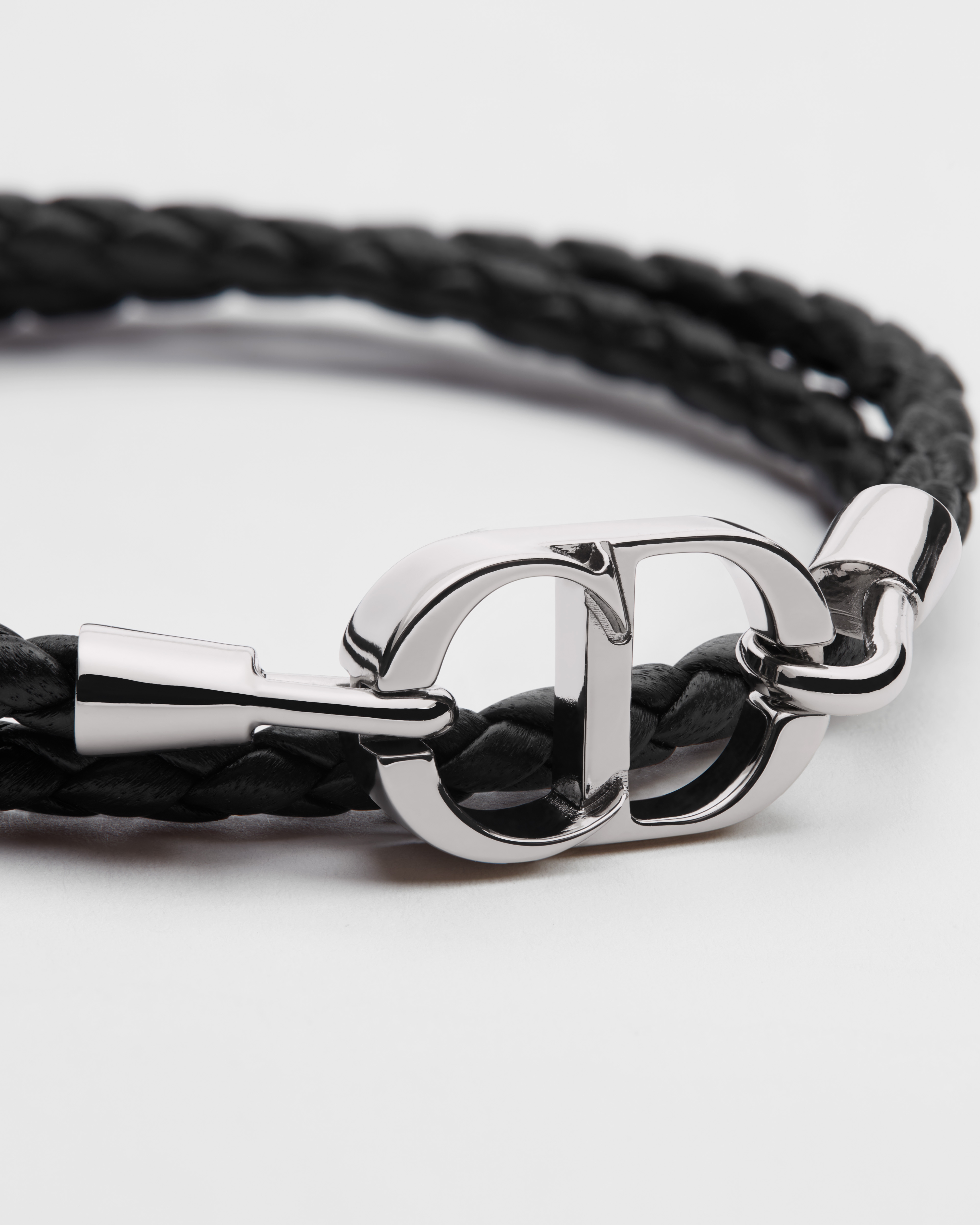 CD Icon Braided Leather Double Bracelet Black Lambskin and Silver-Finish Brass E09