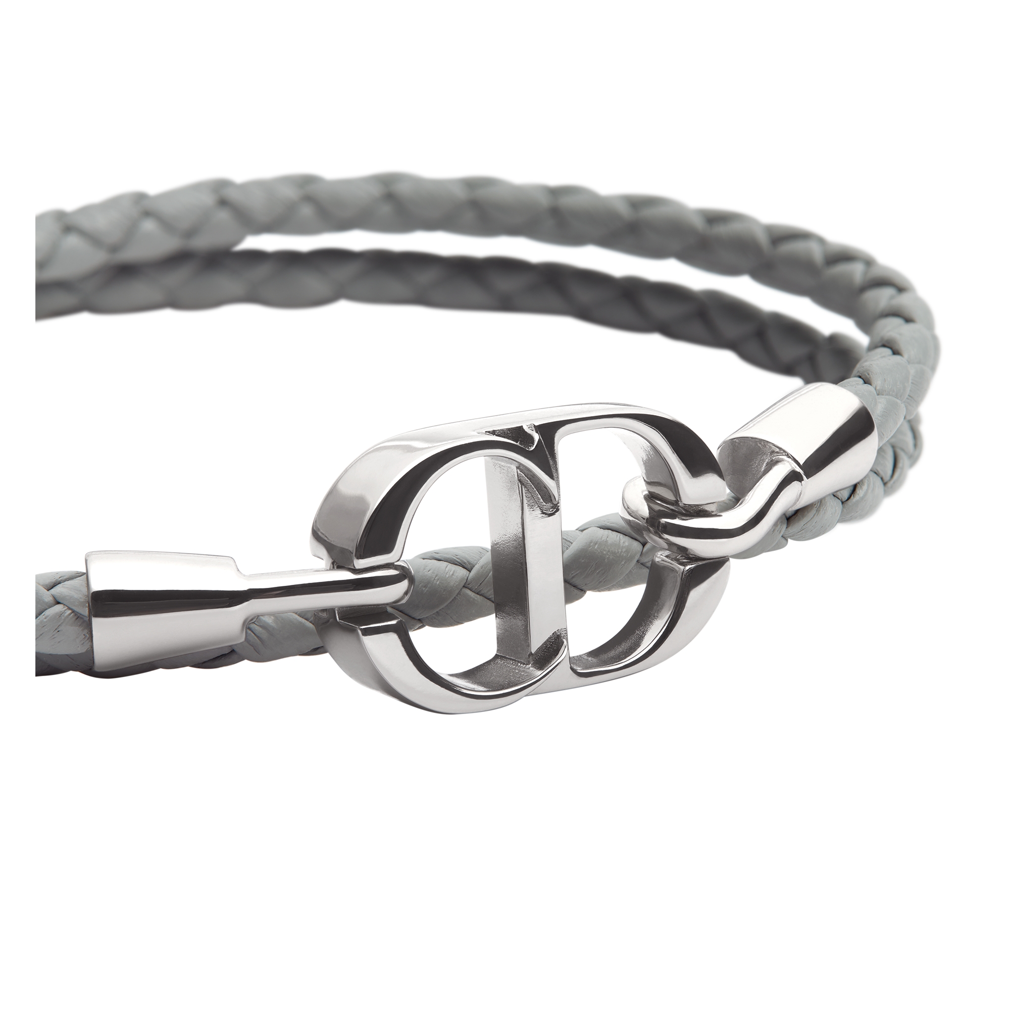 CD Icon Braided Leather Double Bracelet Gray Lambskin and Silver-Finish Brass E09