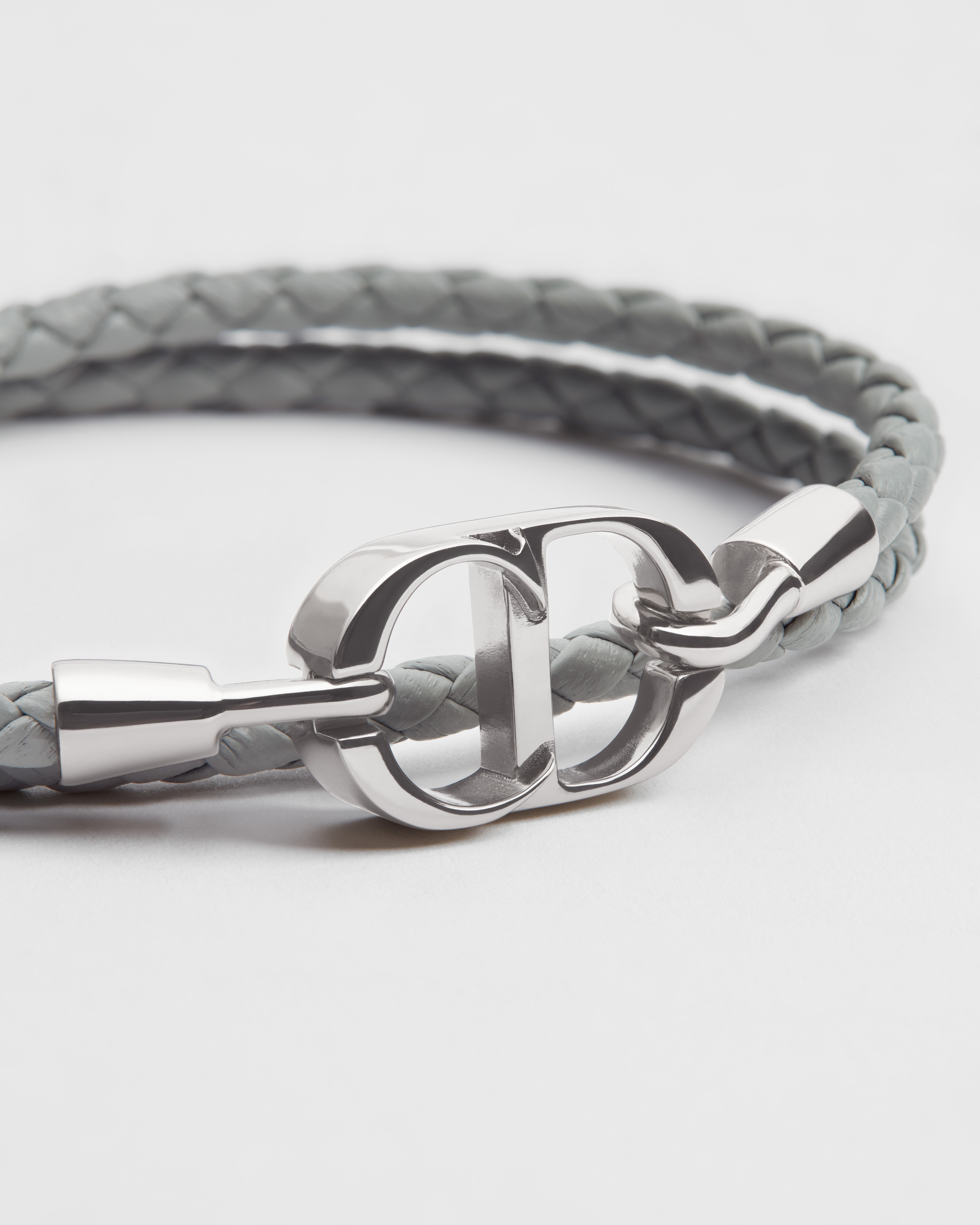 CD Icon Braided Leather Double Bracelet Gray Lambskin and Silver-Finish Brass E09