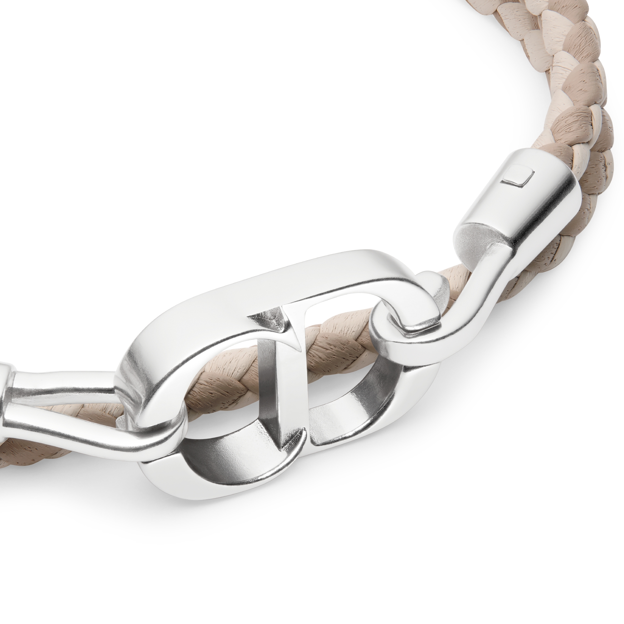 CD Icon 브레이드 가죽 더블 팔찌 베이지 양가죽 & 실버 피니시 브라스 E09