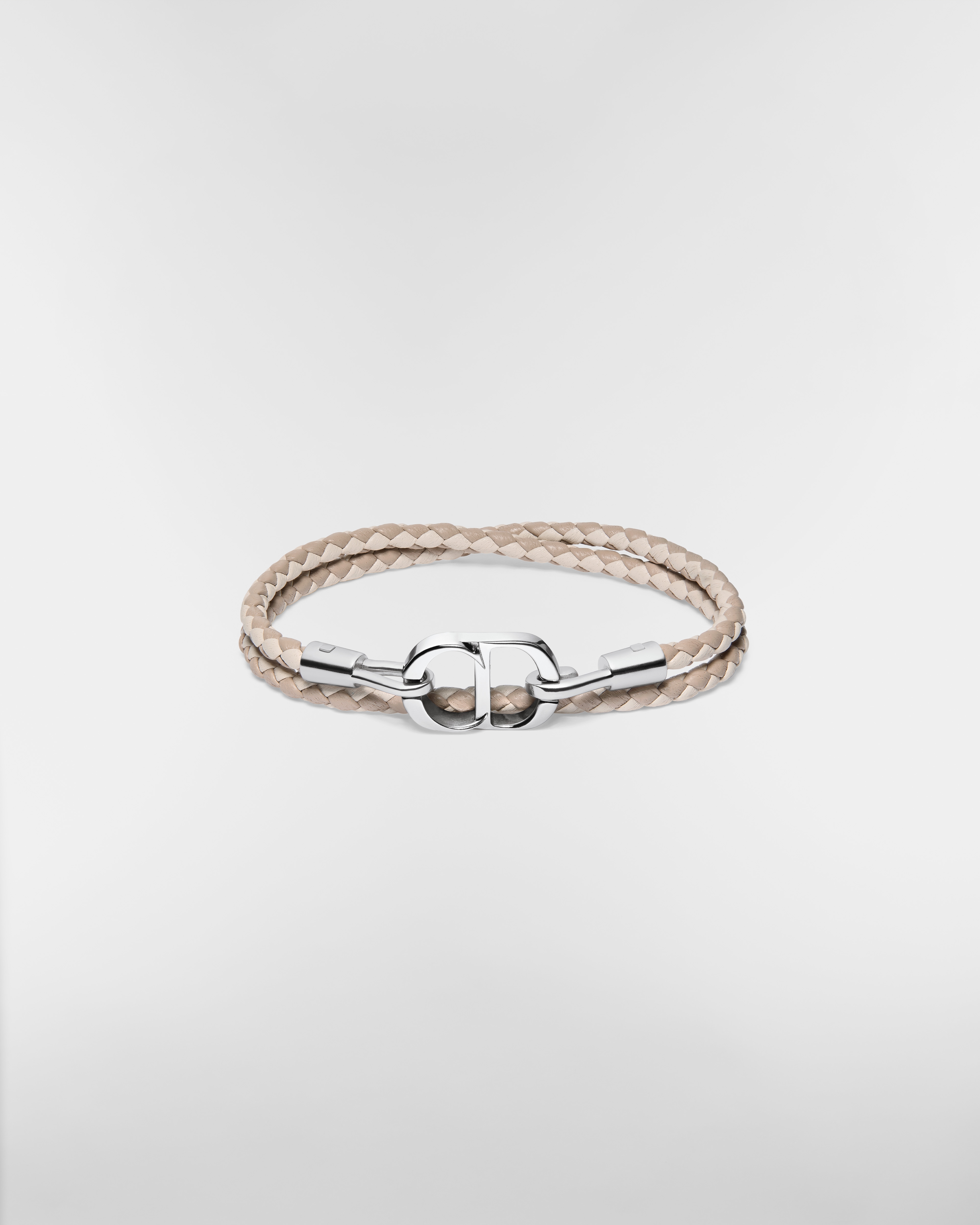 CD Icon Woven Leather Double Bracelet Beige Lambskin and Silver-Finish Brass E01
