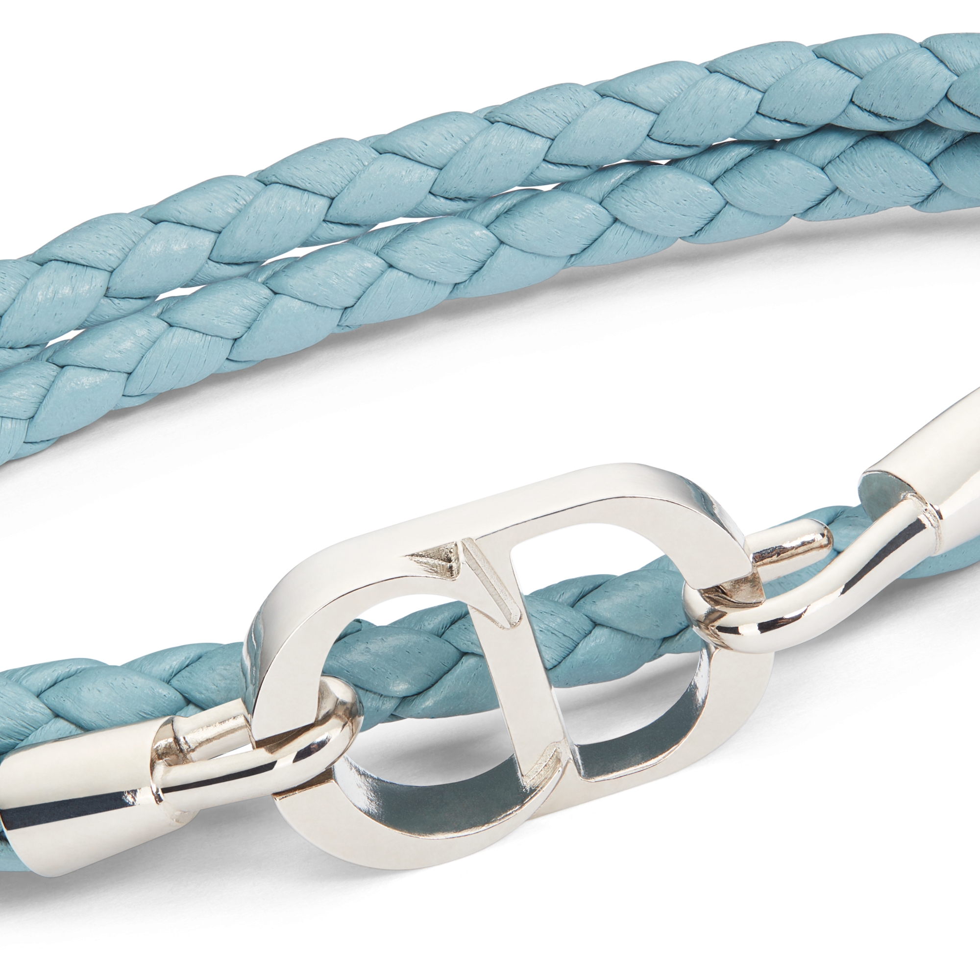 CD Icon Braided Leather Double Bracelet Blue Lambskin and Silver-Finish Brass E09