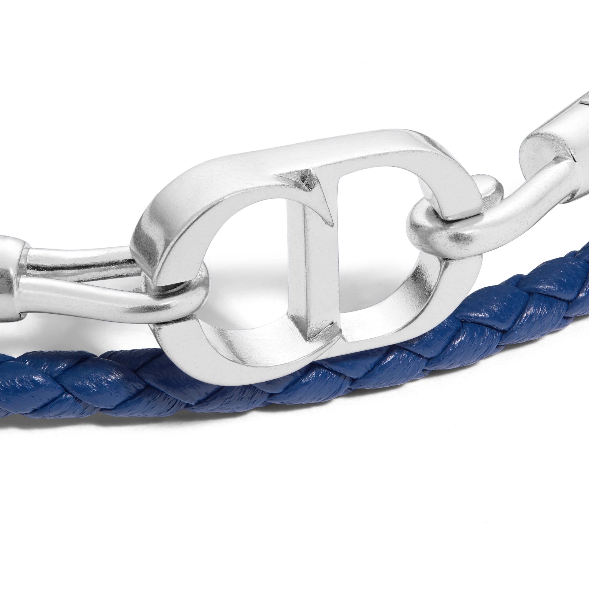 CD Icon Doppelarmband aus geflochtenem Leder Lammleder in Marineblau und Messing mit Silber-Finish E09