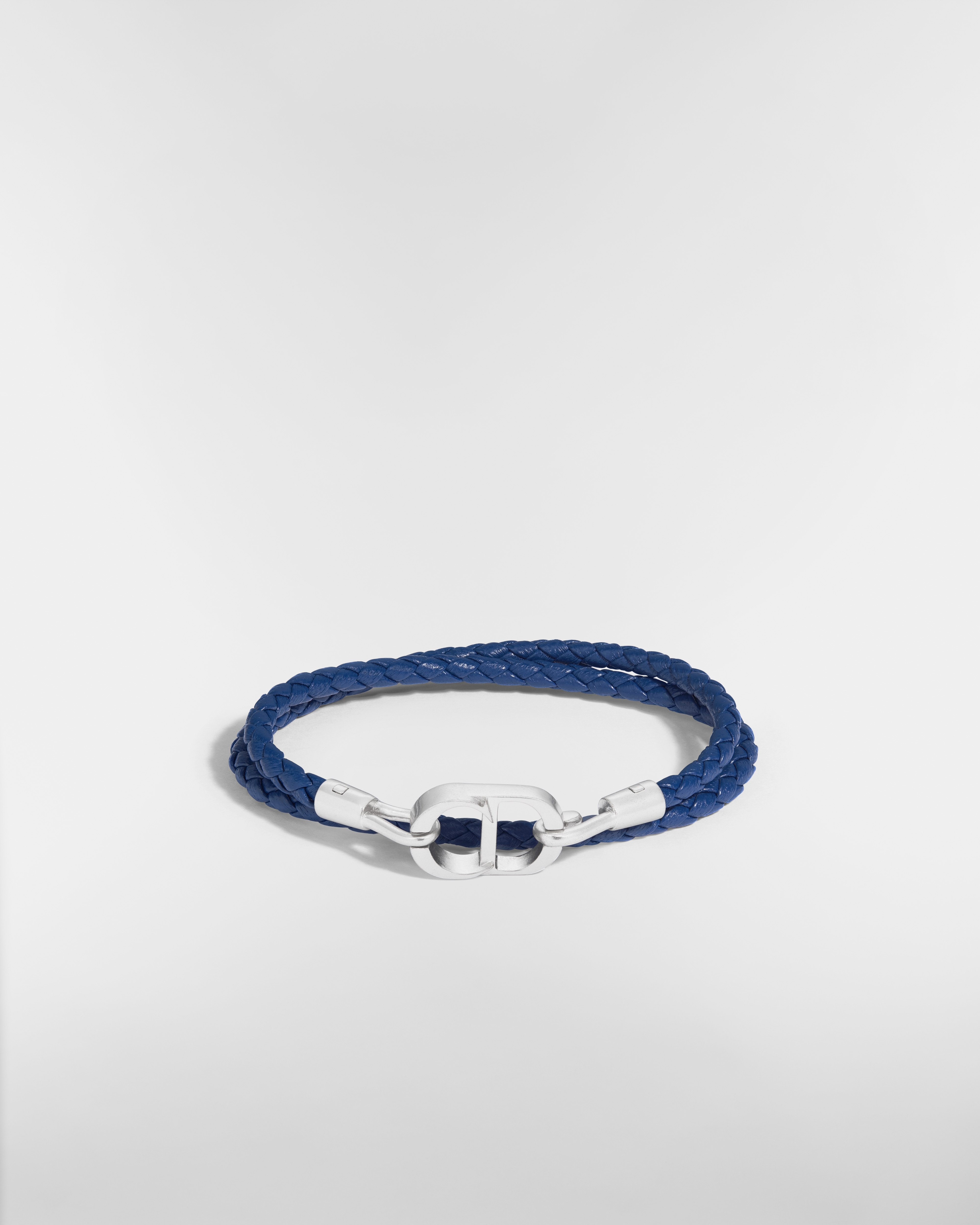 CD Icon Braided Leather Double Bracelet Navy Blue Lambskin and Silver-Finish Brass E01
