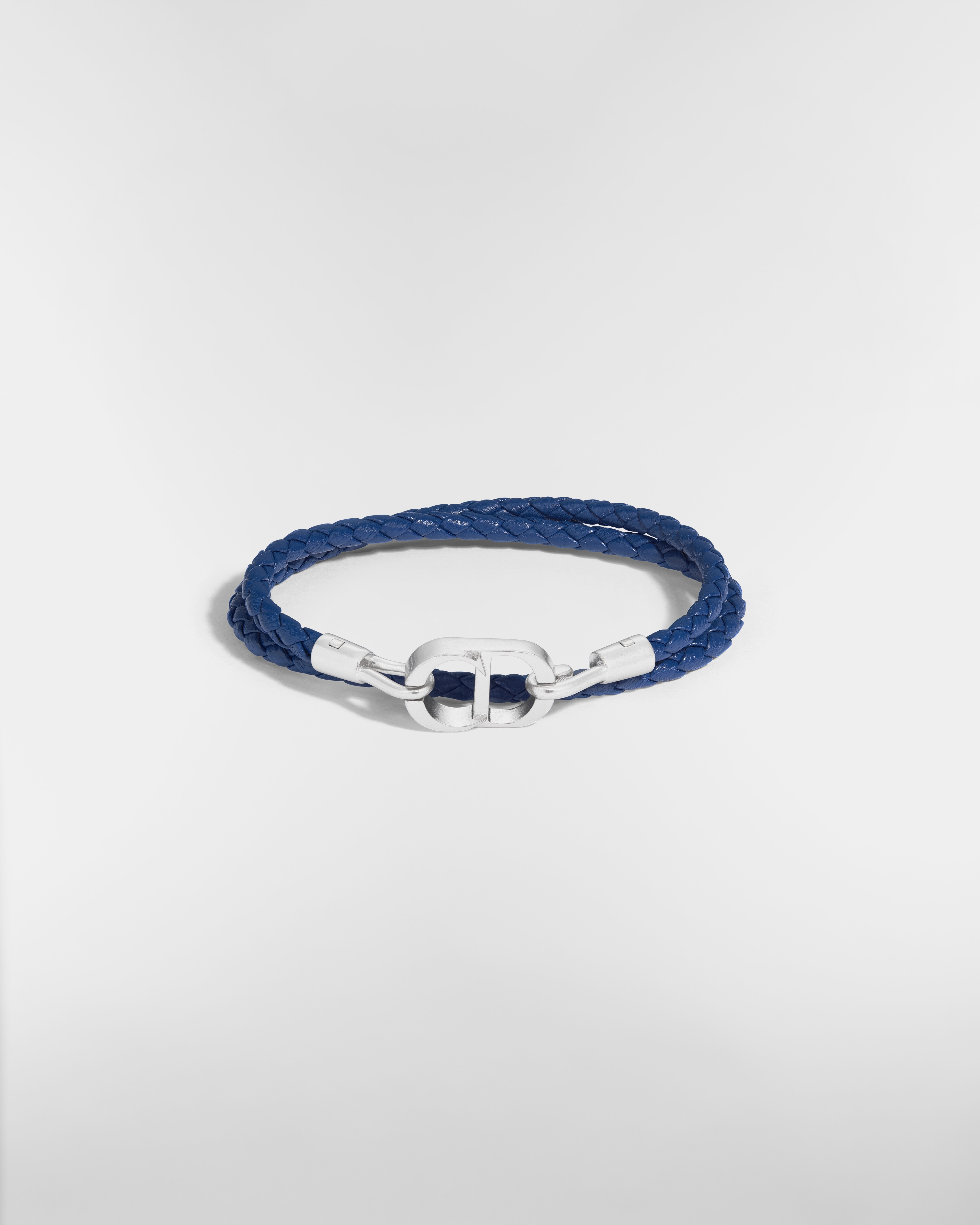 CD Icon Braided Leather Double Bracelet Navy Blue Lambskin and Silver-Finish Brass E01