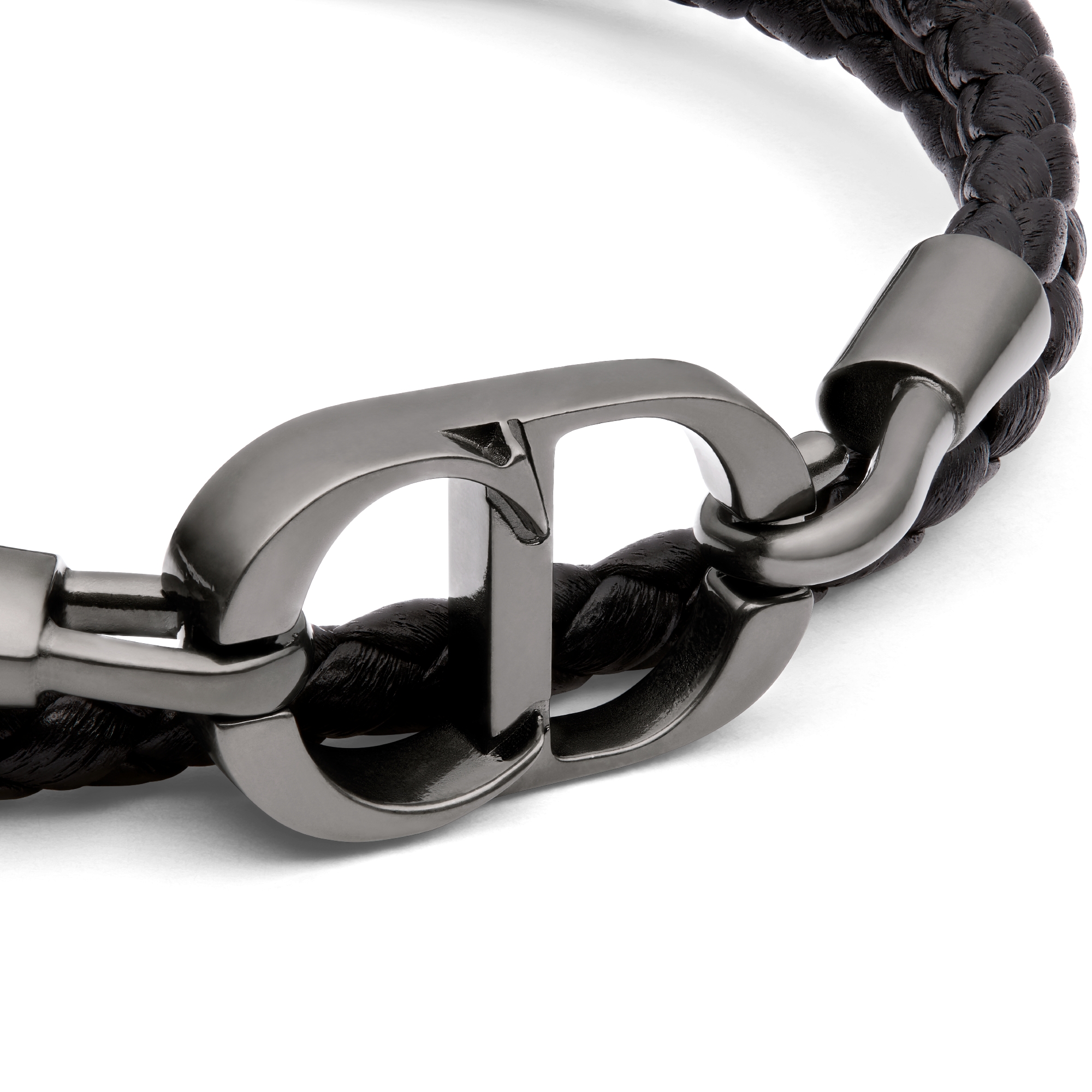 CD Icon 브레이드 가죽 더블 팔찌 블랙 양가죽 & 루테늄 피니시 브라스 E09