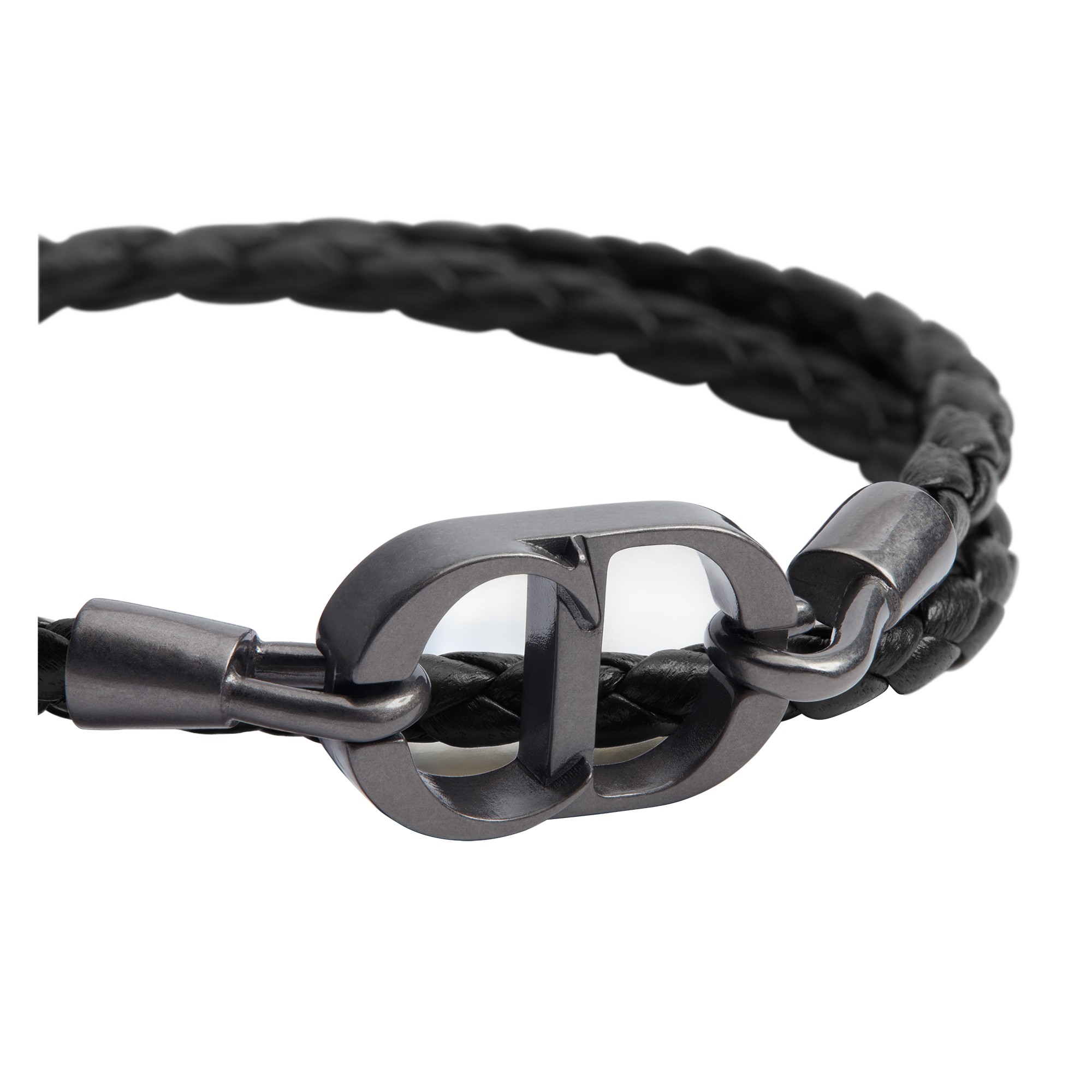 CD Icon Braided Leather Double Bracelet Black Lambskin and Ruthenium-Finish Brass E09