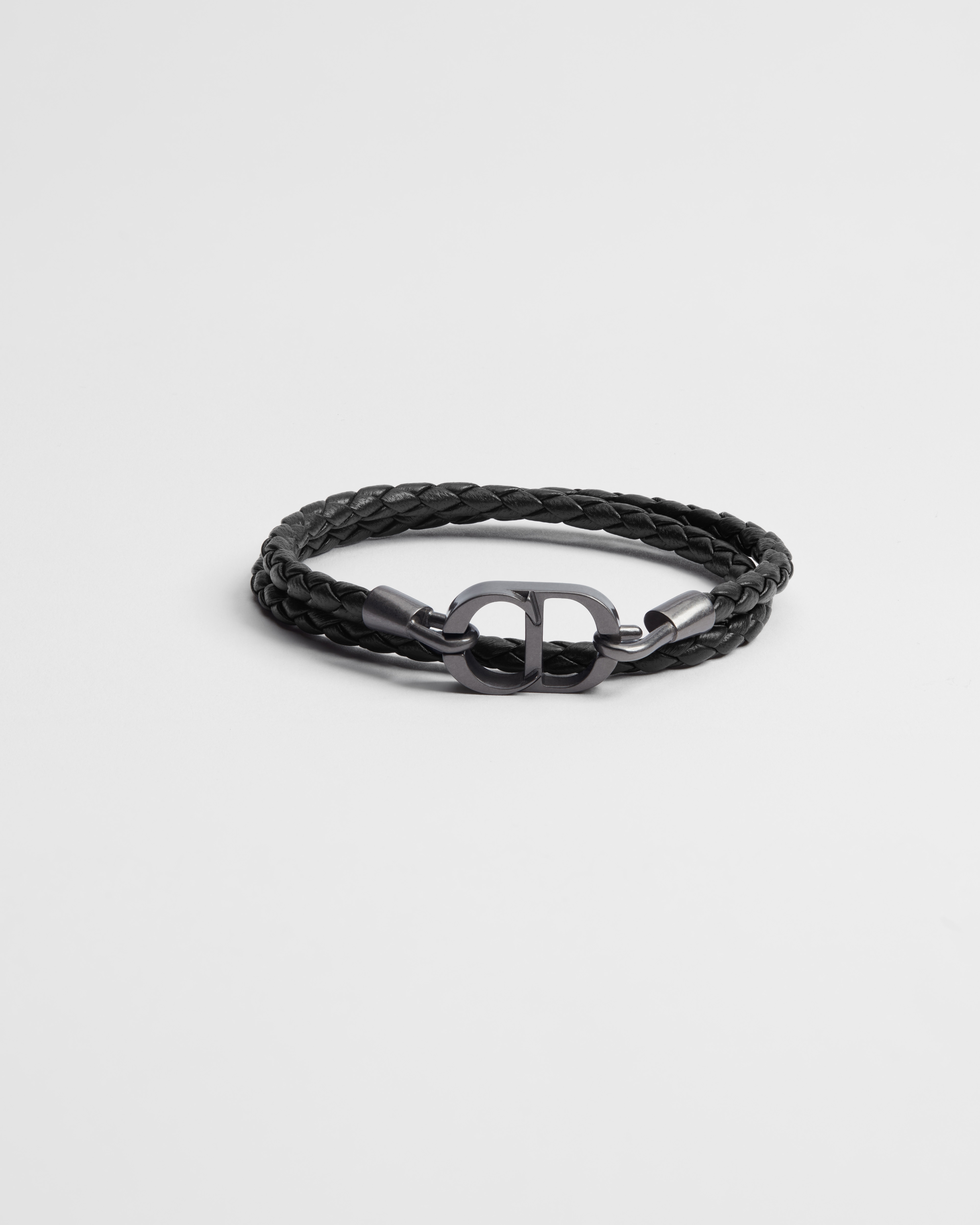 CD Icon Braided Leather Double Bracelet Black Lambskin and Ruthenium-Finish Brass E01