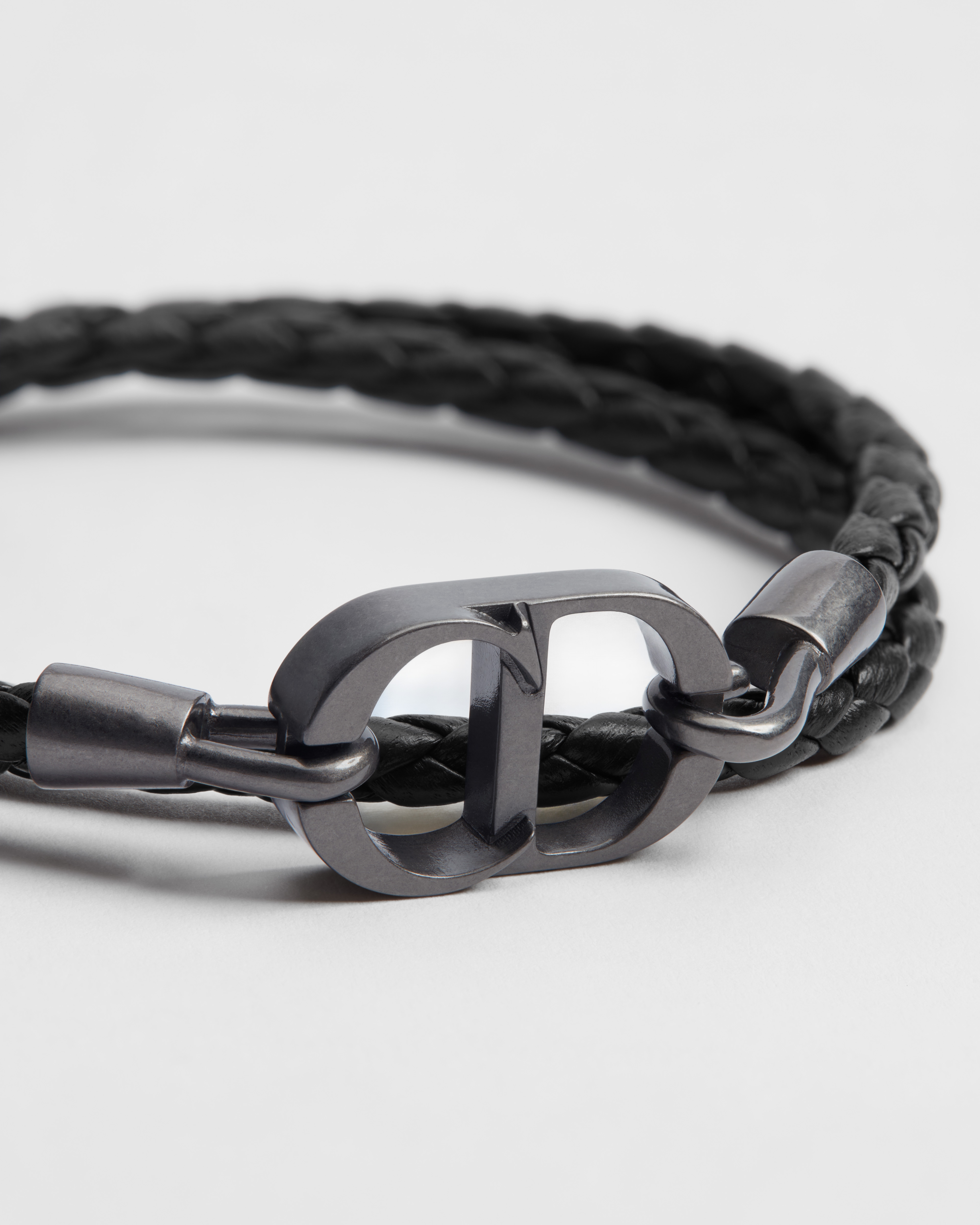 CD Icon Braided Leather Double Bracelet Black Lambskin and Ruthenium-Finish Brass E09