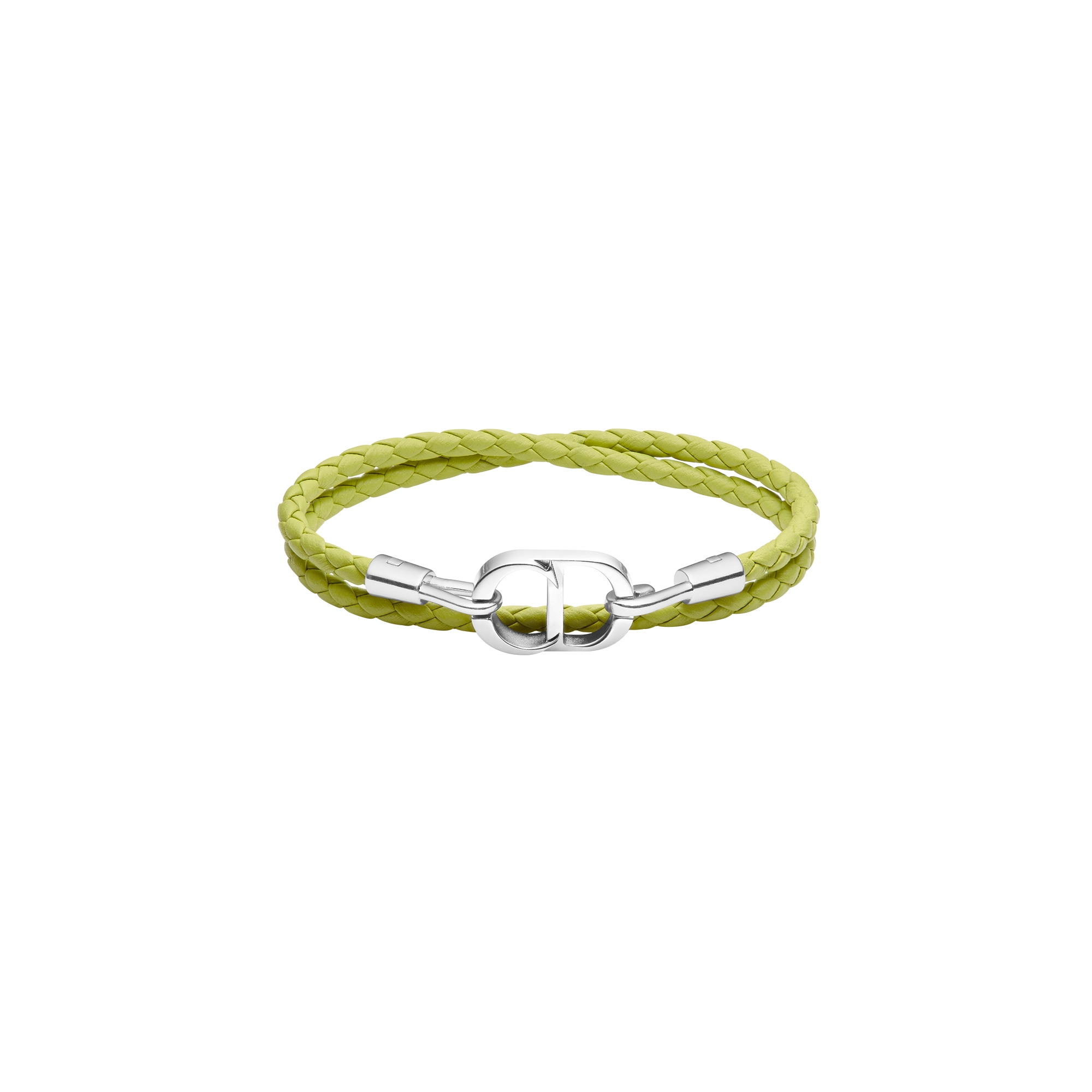 CD Icon Woven Leather Double Bracelet Green Calfskin and Silver-Finish Brass E01
