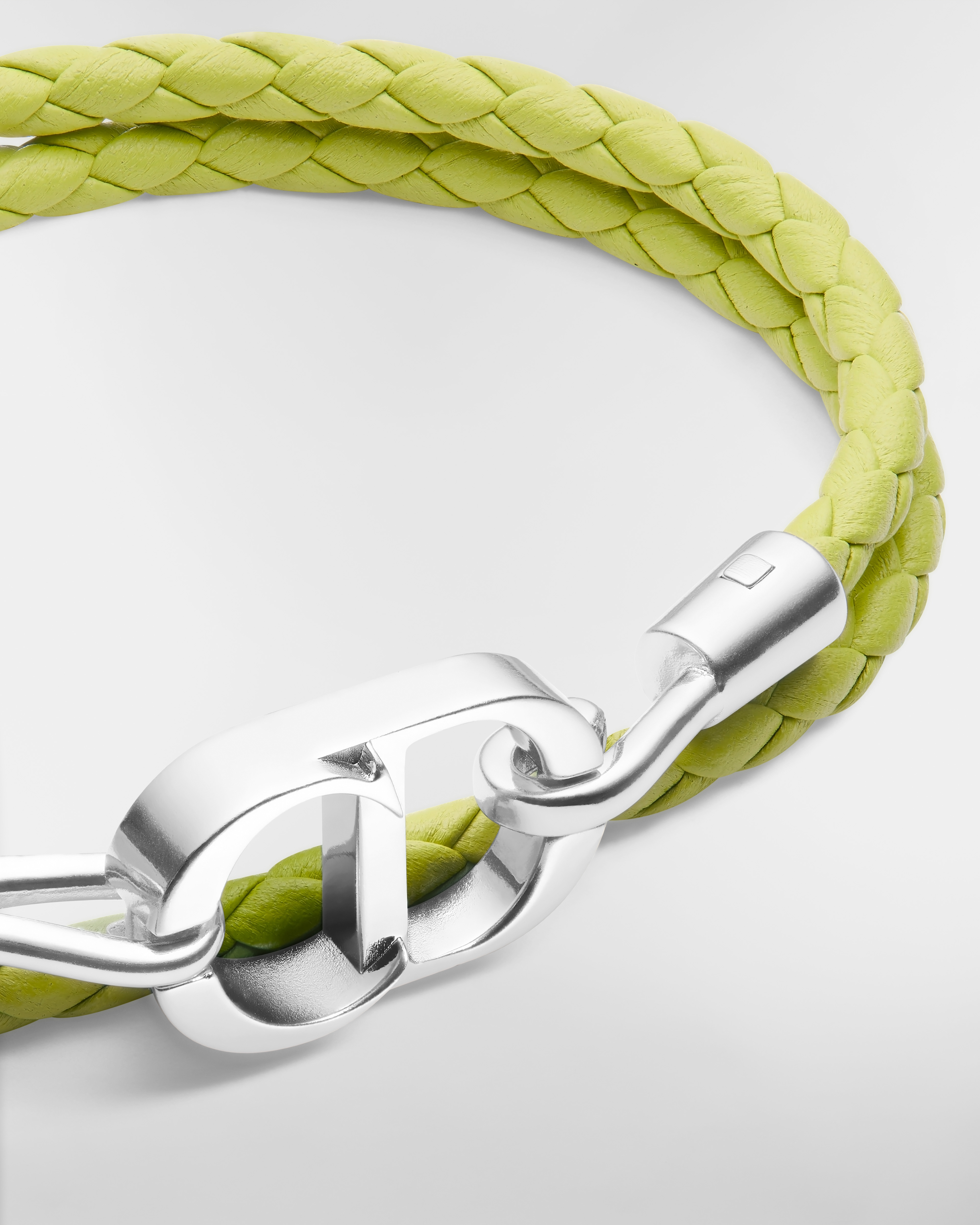CD Icon Woven Leather Double Bracelet Green Calfskin and Silver-Finish Brass E09