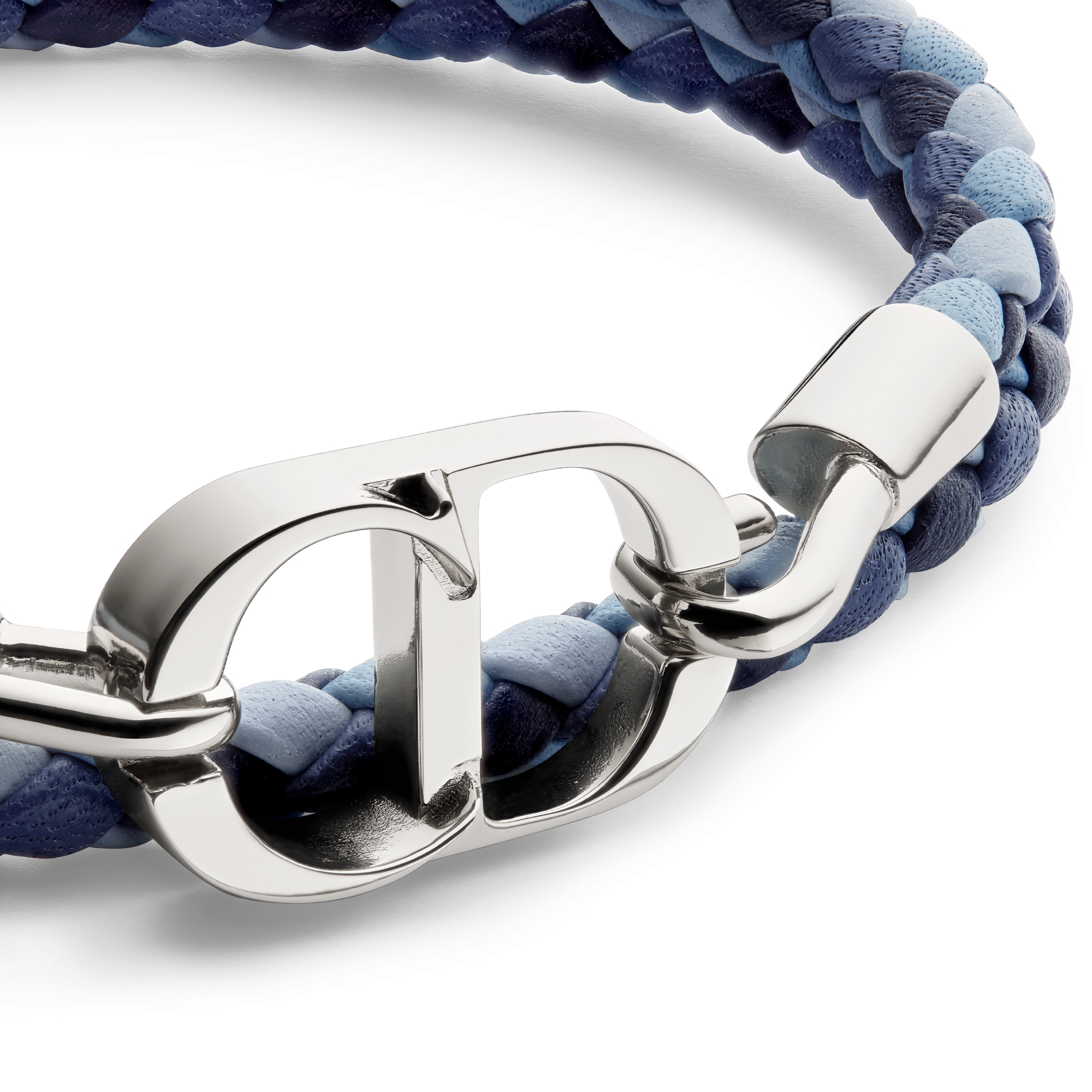CD Icon Braided Leather Double Bracelet Blue Calfskin and Silver-Finish Brass E09