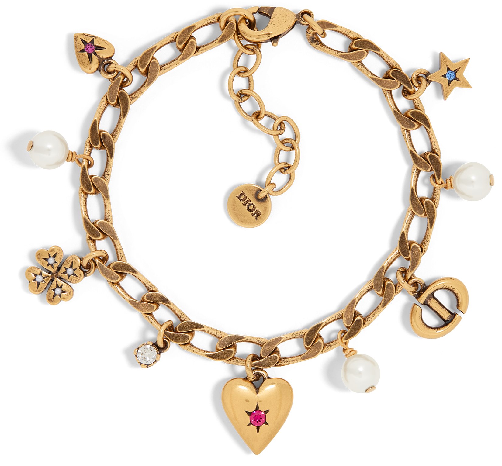 Dior Lucky Charms Bracelet Antique Gold Finish Metal with White Resin Pearls and Multicolor Crystals DIOR