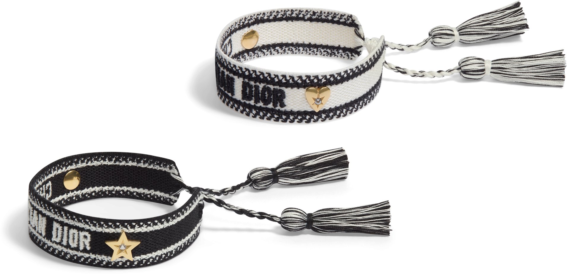 Christian Dior Bracelet Set Black and White Cotton with Gold Finish Metal and White Crystals DIOR