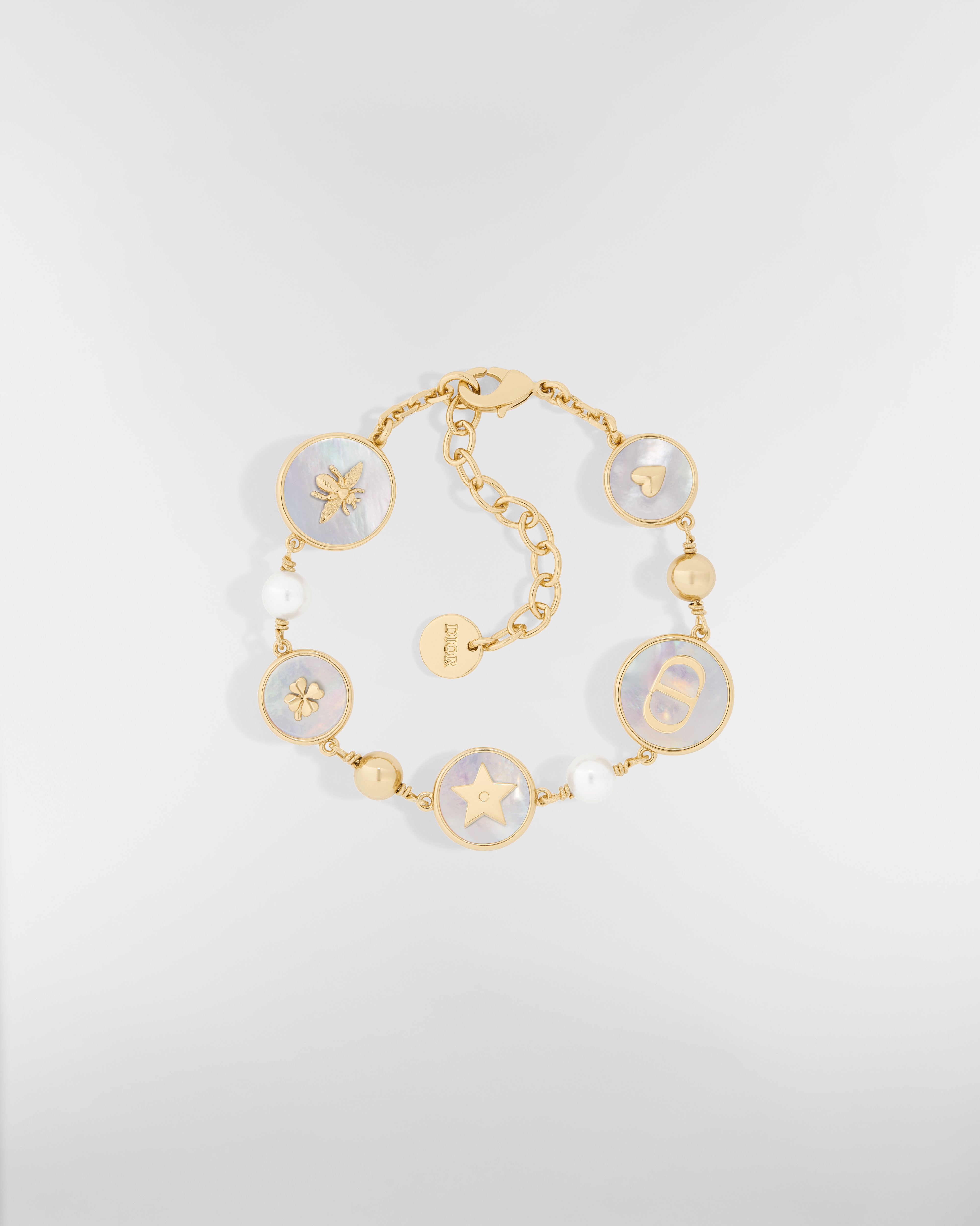 D-Luck Armband Metall mit Gold-Finish, Kunstharzperlen in Weiß und Perlmutt in Weiß E01