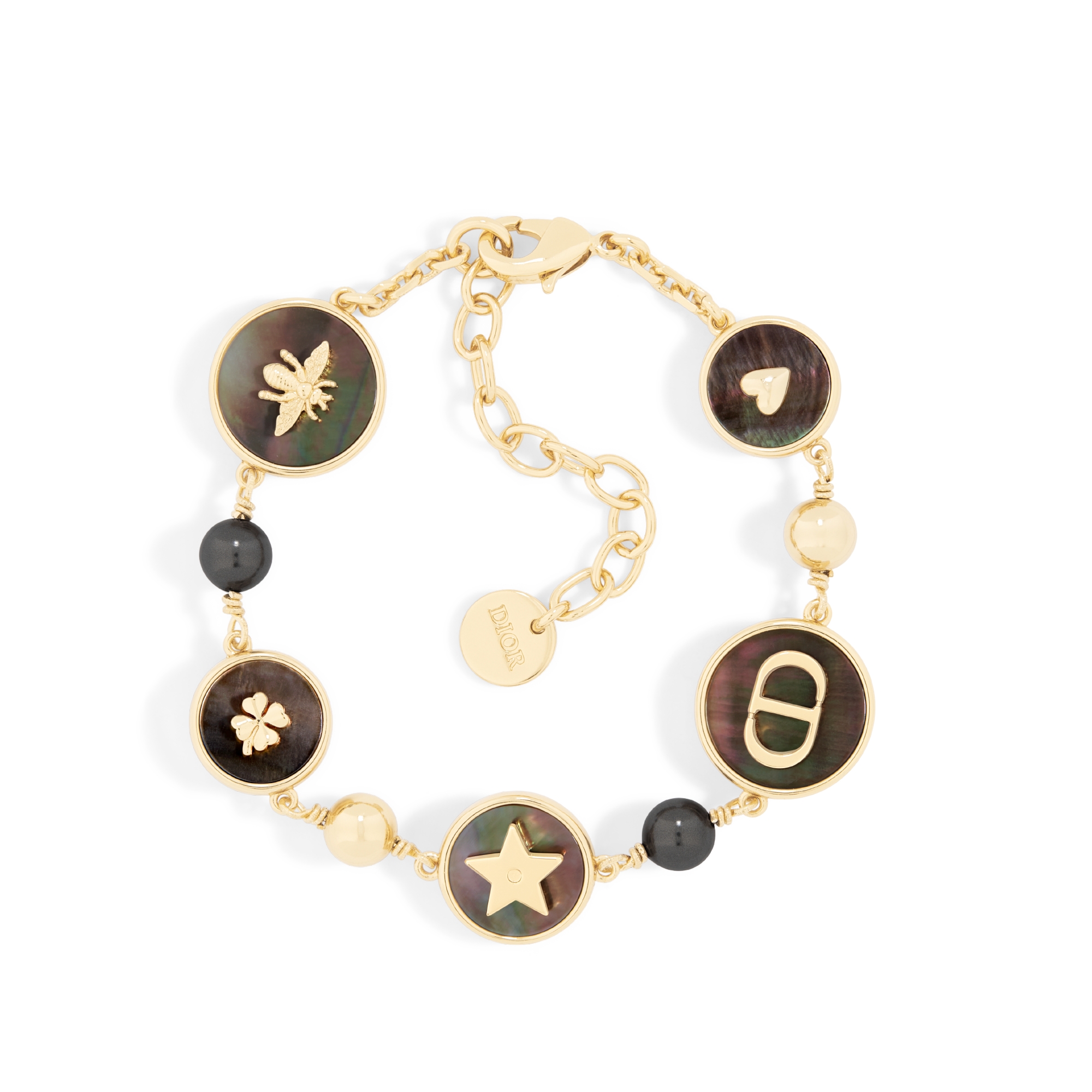 D-Luck Armband Metall mit Gold-Finish, Kunstharzperlen in sattem Grau und Tahiti-Perlmutt E01