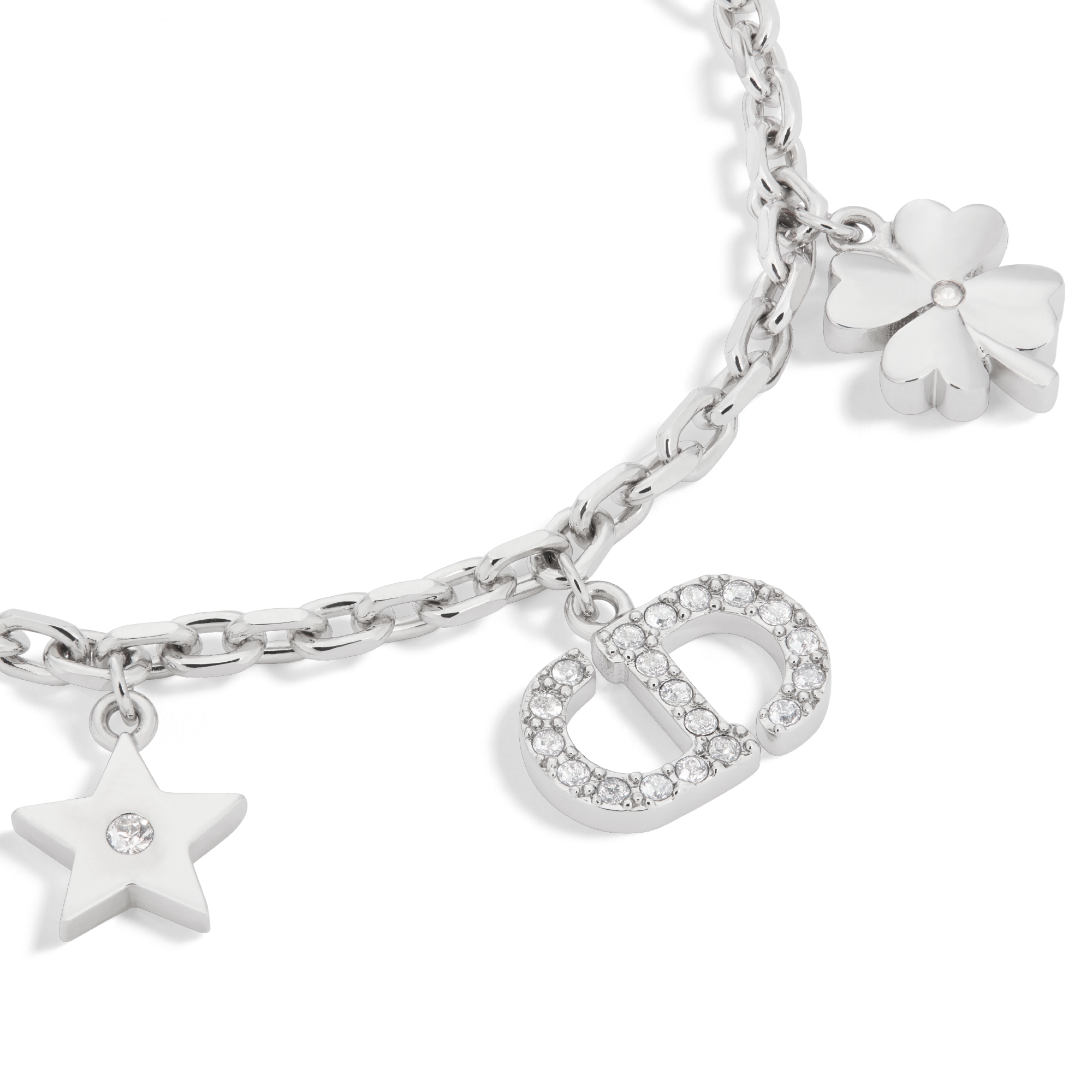 Petit CD Lucky Charms-armband Zilverkleurig metaal met een witte harsparel en zilverkleurige kristallen E09