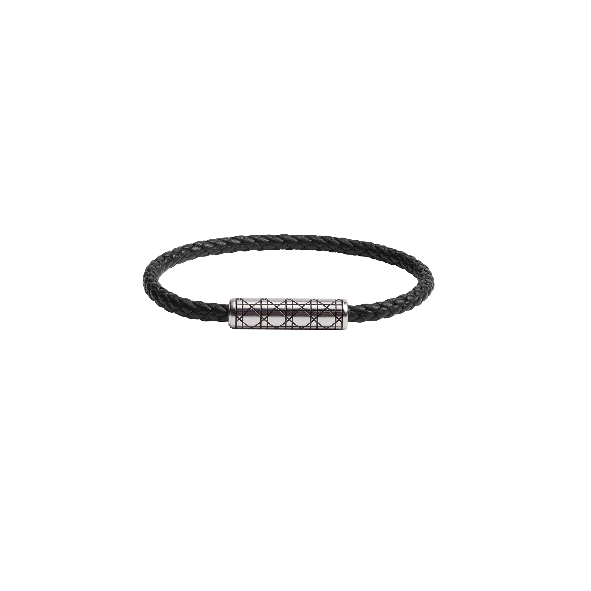 Cannage Braided Leather Bracelet Black Lambskin, Silver-Finish Brass and Black Lacquer E01