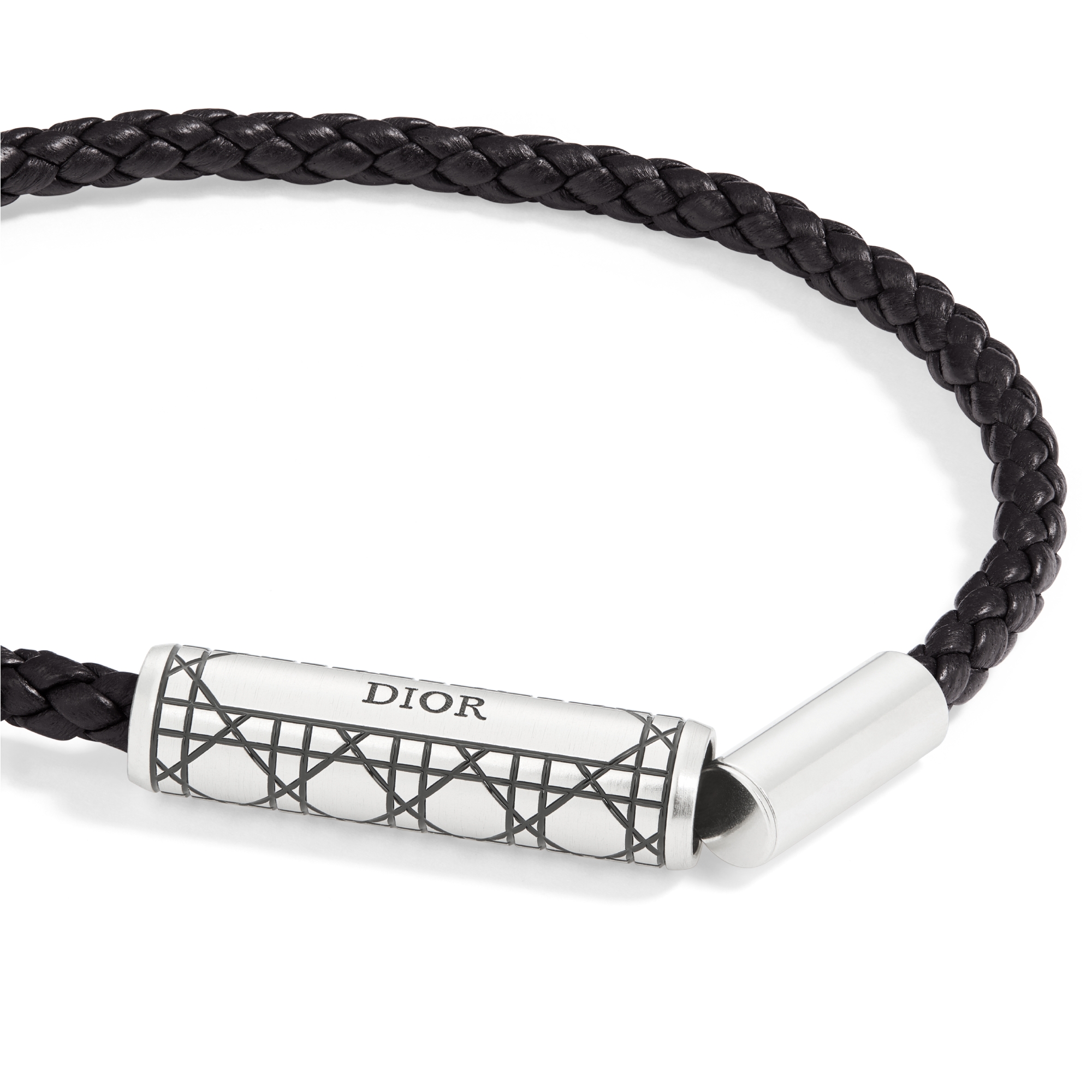 Cannage Braided Leather Bracelet Black Lambskin, Silver-Finish Brass and Black Lacquer E09
