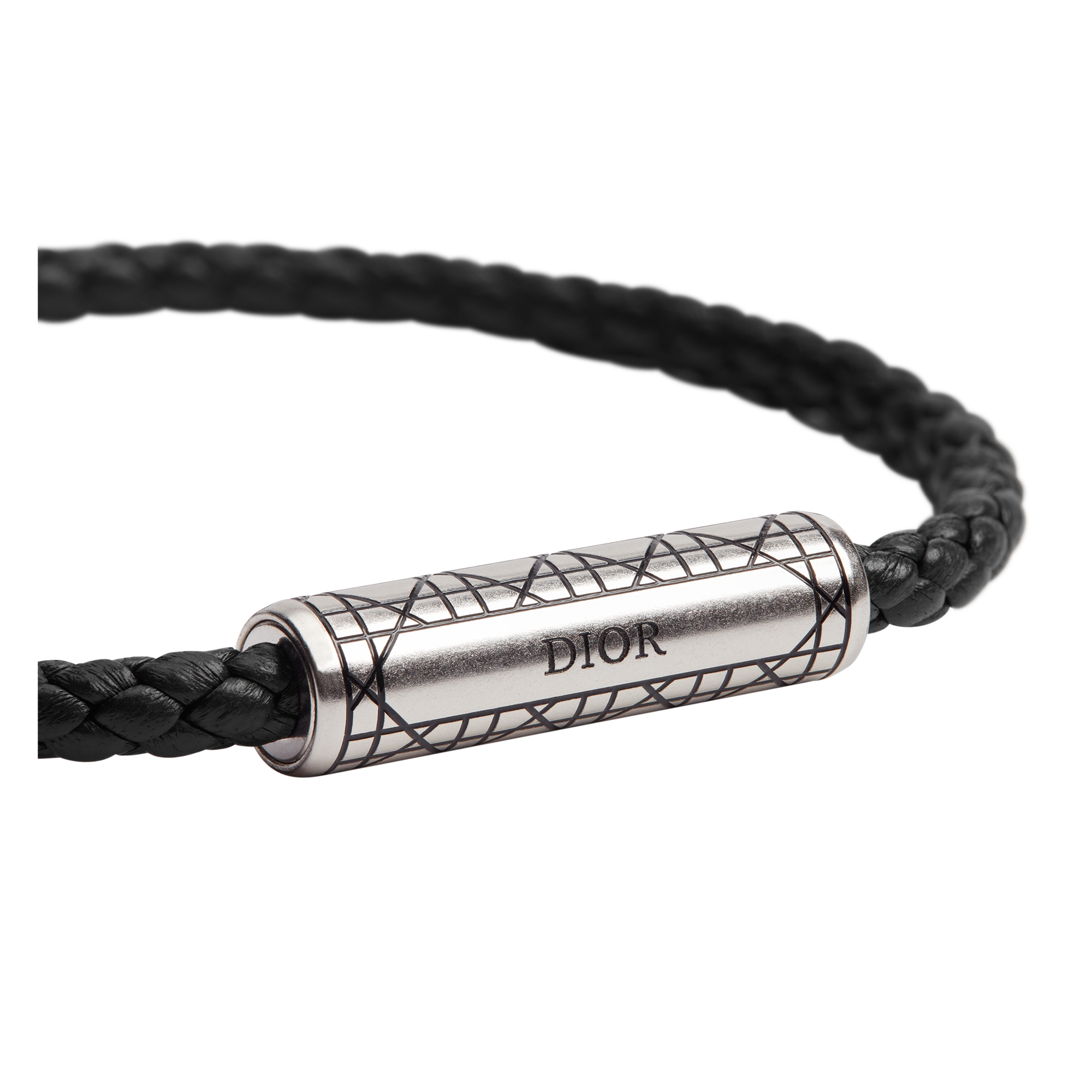 Cannage Braided Leather Bracelet Black Lambskin, Silver-Finish Brass and Black Lacquer E09
