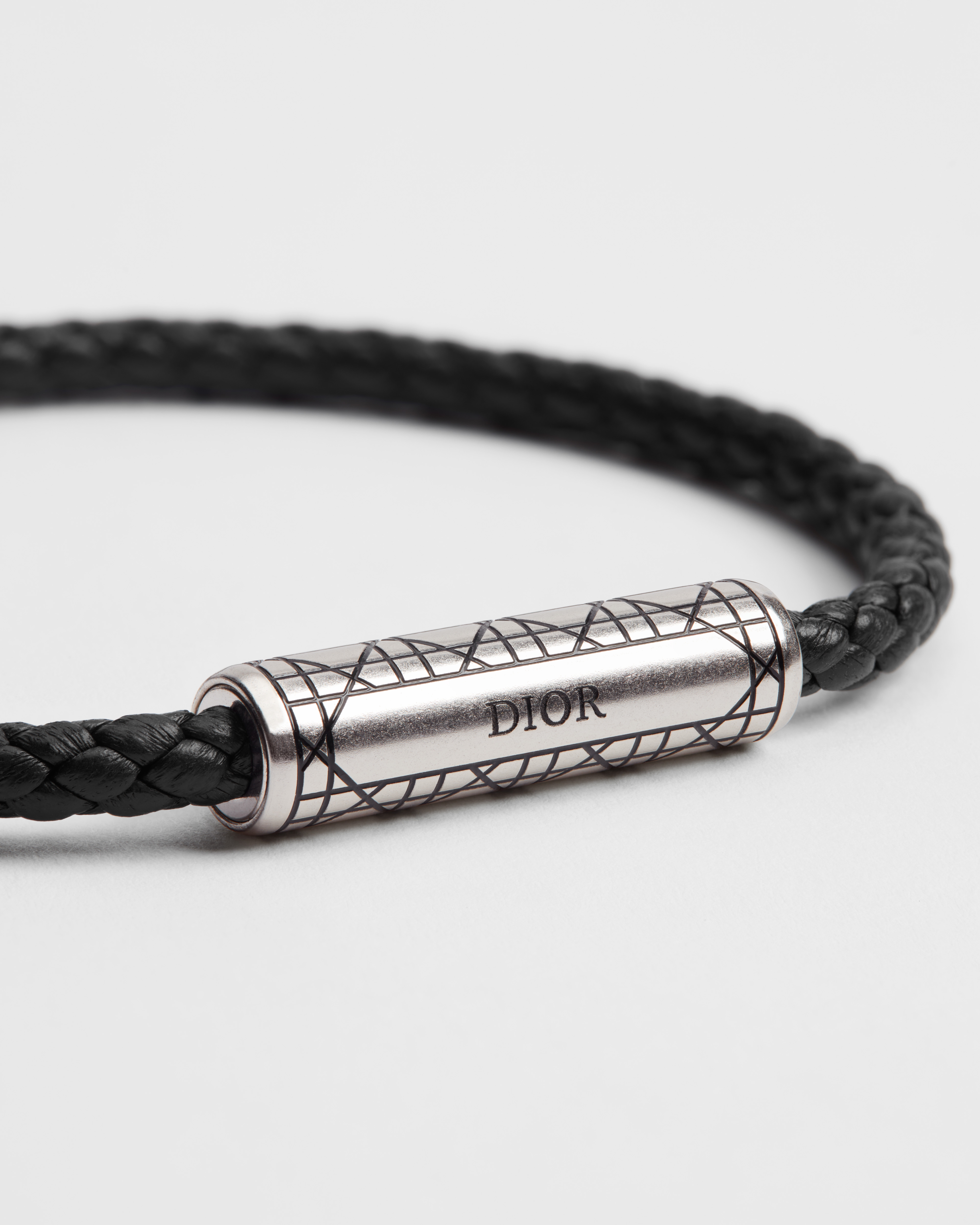 Cannage Braided Leather Bracelet Black Lambskin, Silver-Finish Brass and Black Lacquer E09