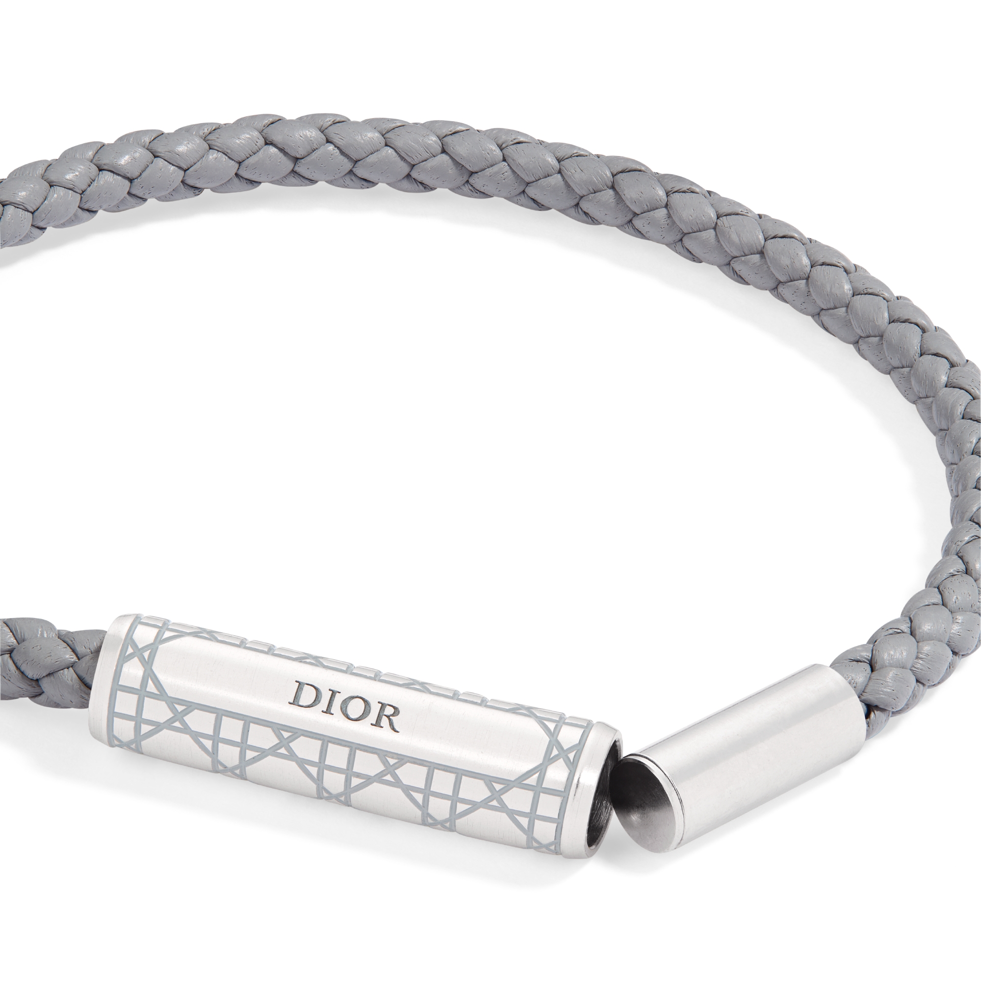 Cannage 籐格紋麻花編織皮革手環 灰色羊皮、銀色飾面黃銅和灰色亮漆 E09