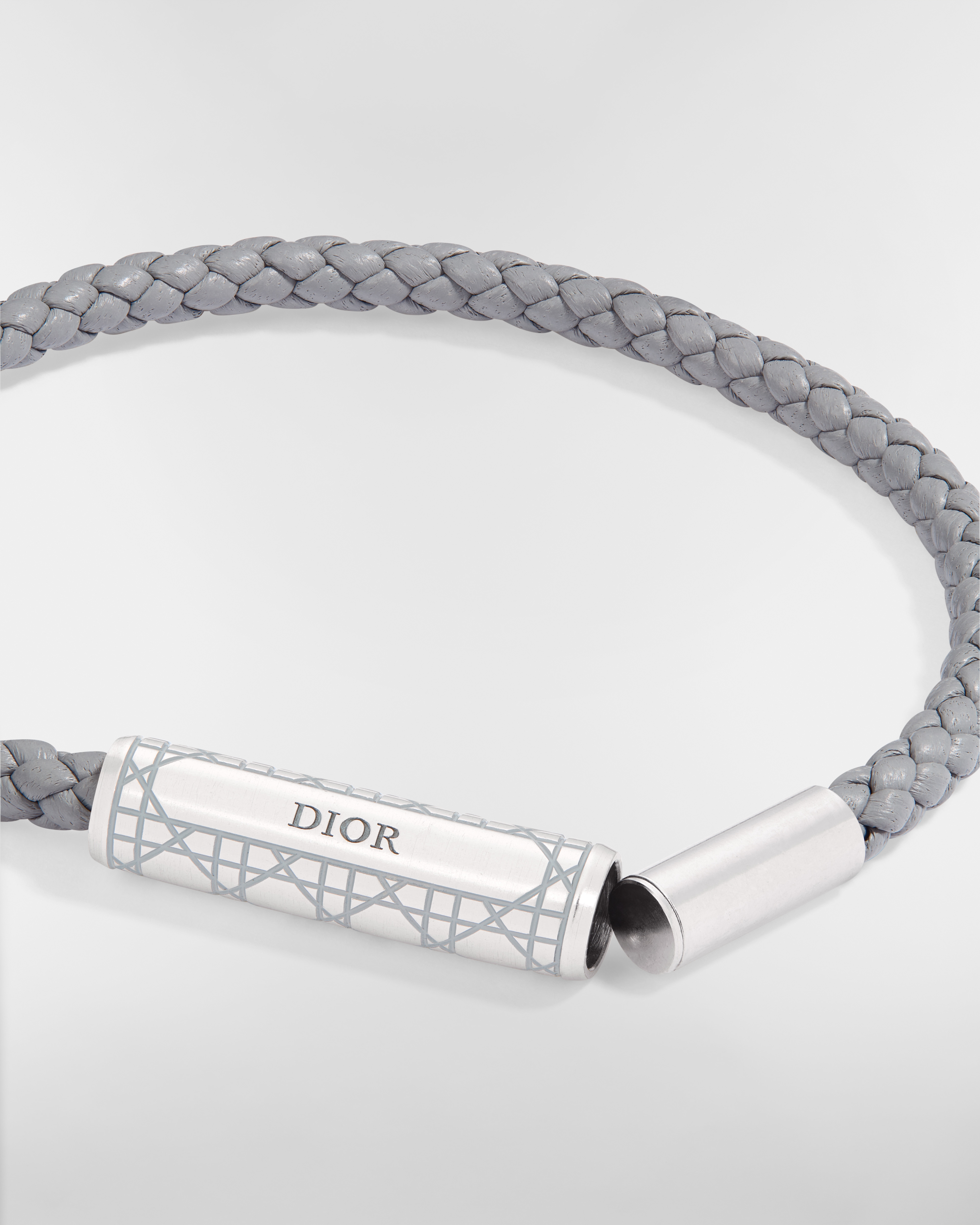 Cannage Braided Leather Bracelet Gray Lambskin, Silver-Finish Brass and Gray Lacquer E09