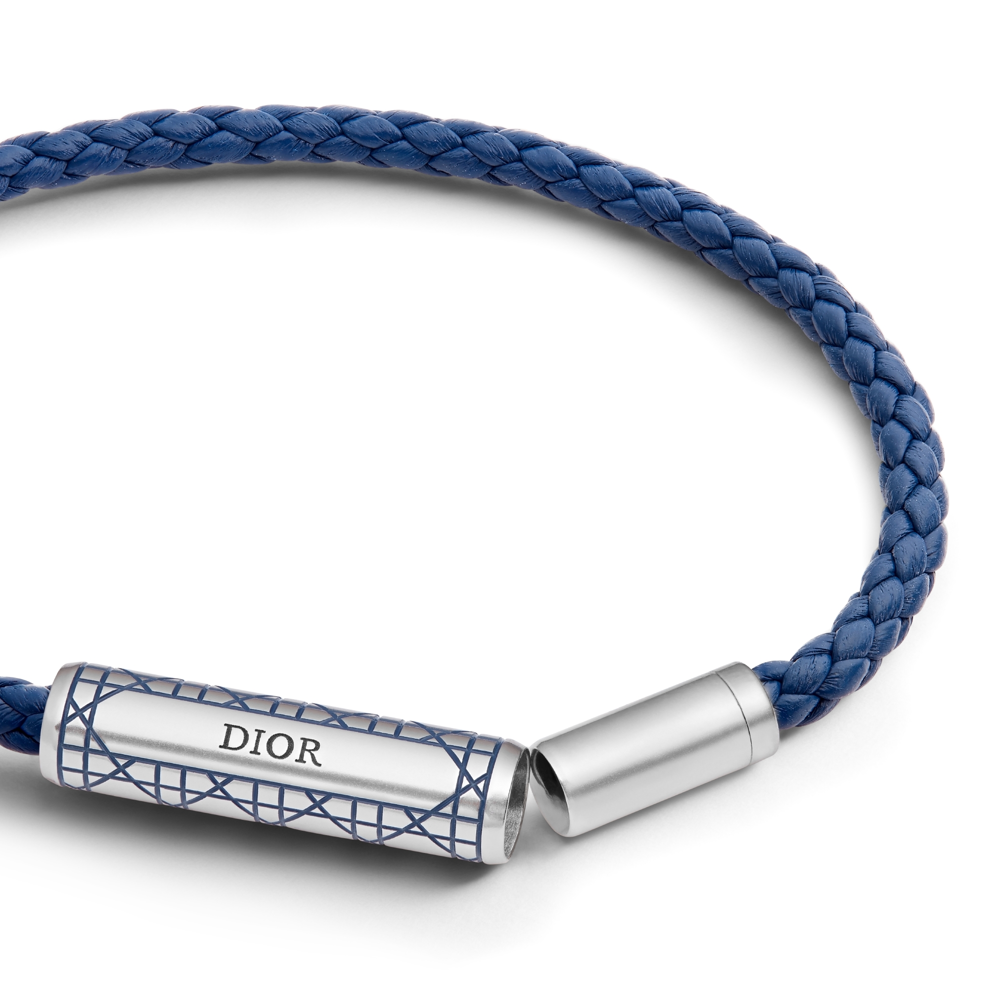 Cannage 籐格紋編織皮革手環 深藍色羊皮、銀色飾面黃銅和深藍色亮漆 E09