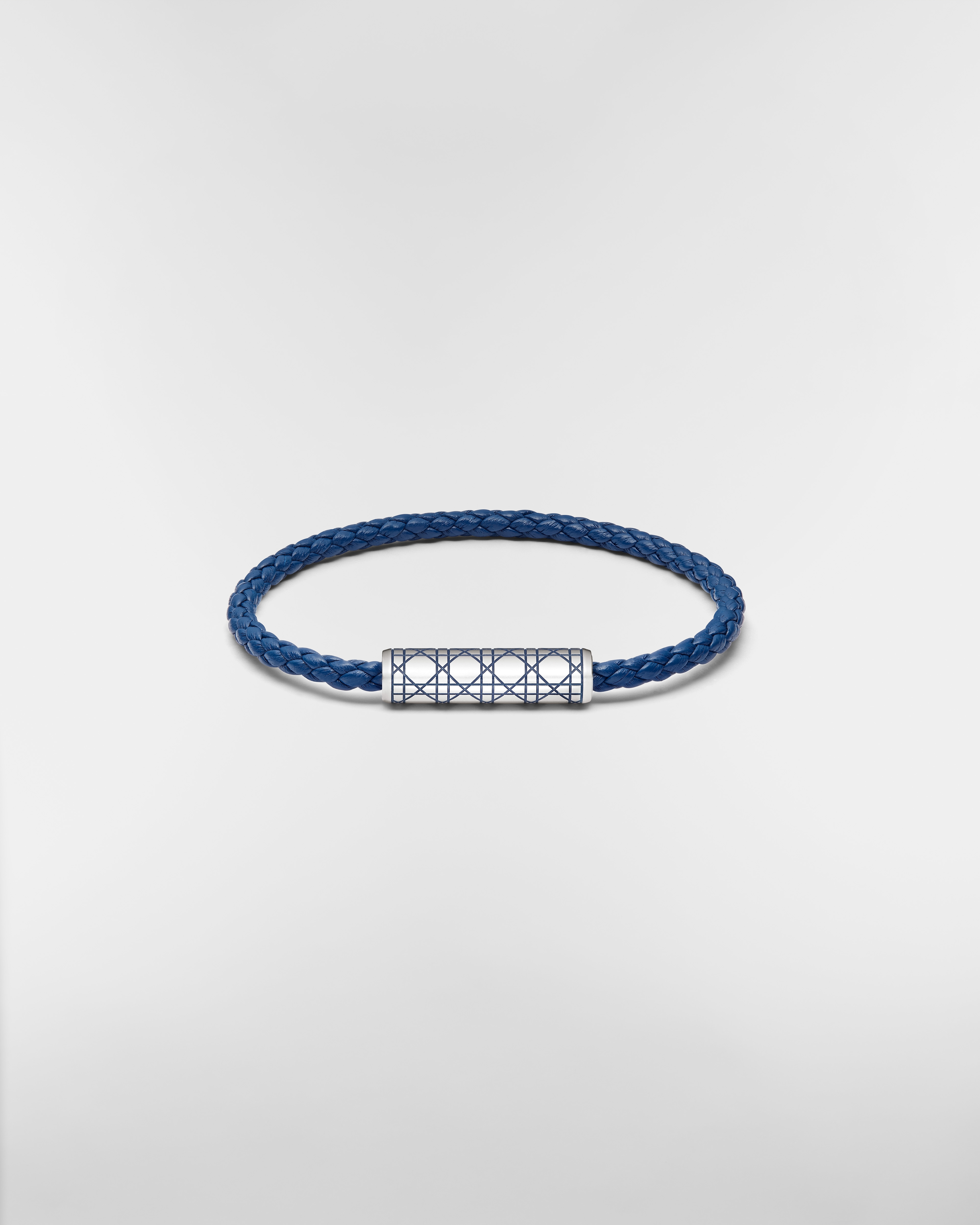 Bracelet cuir tressé Cannage Cuir d'agneau bleu foncé, laiton argenté et laque bleu foncé E01
