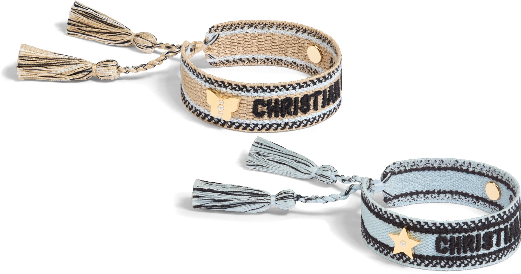 Christian Dior Bracelet Set Biscuit and Sky Blue Cotton with Gold Finish Metal and White Resin Pearls DIOR