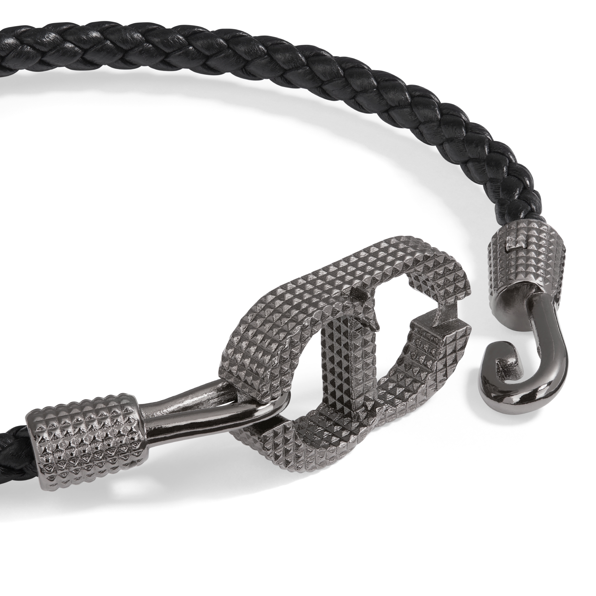 CD Icon Braided Leather Bracelet Black Lambskin and Black Ruthenium-Finish Brass E09