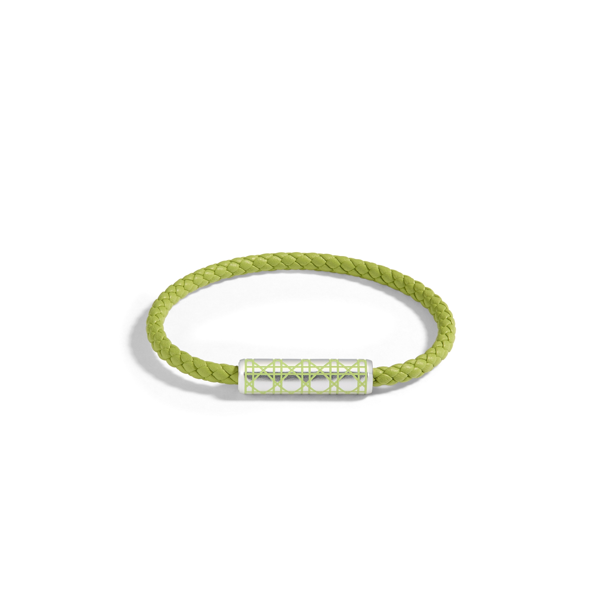 Bracelet cuir tressé Cannage Cuir de veau vert, laiton argenté et laque verte E01